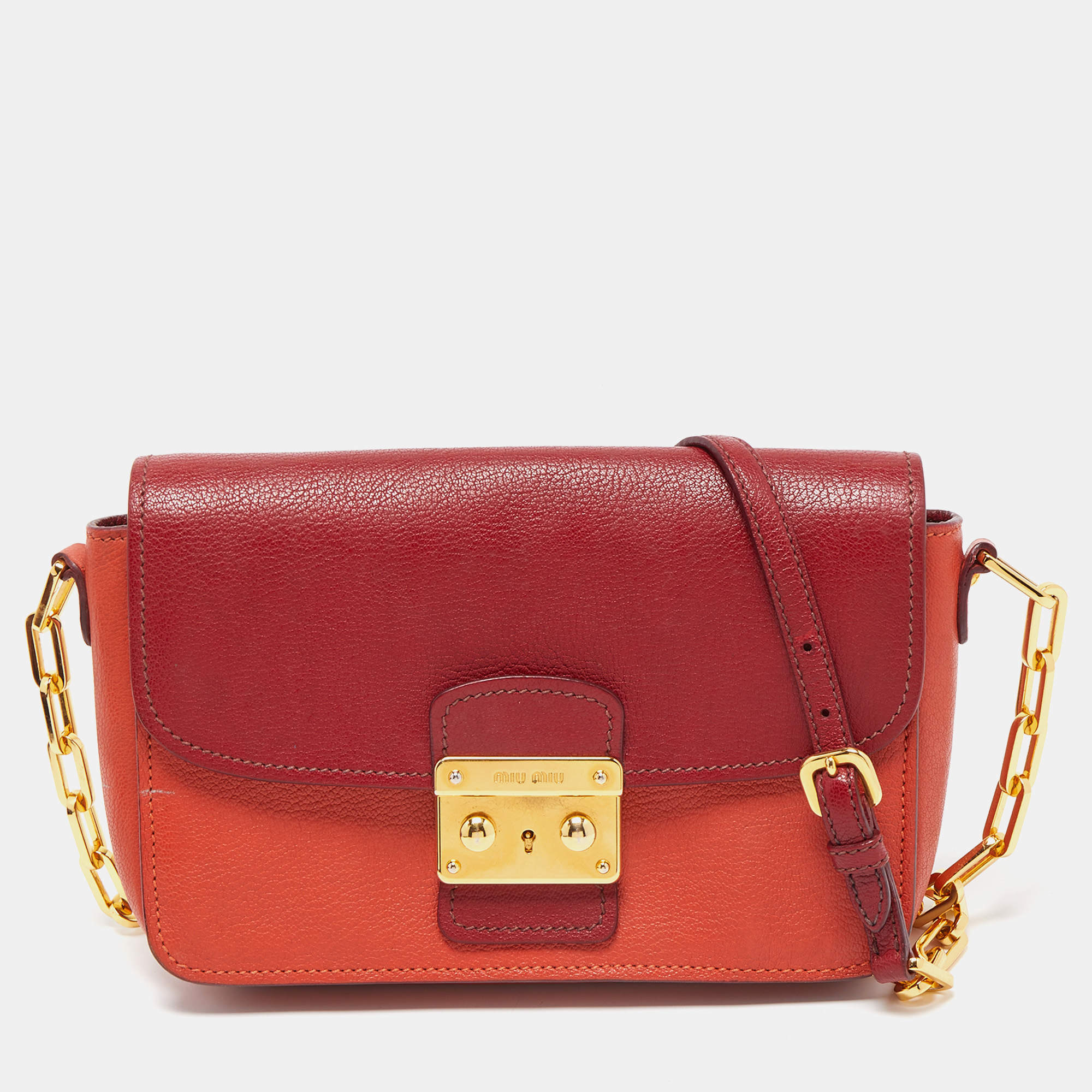 Miu Miu Orange/Red Madras Leather Pushlock Flap Chain Shoulder Bag Miu Miu