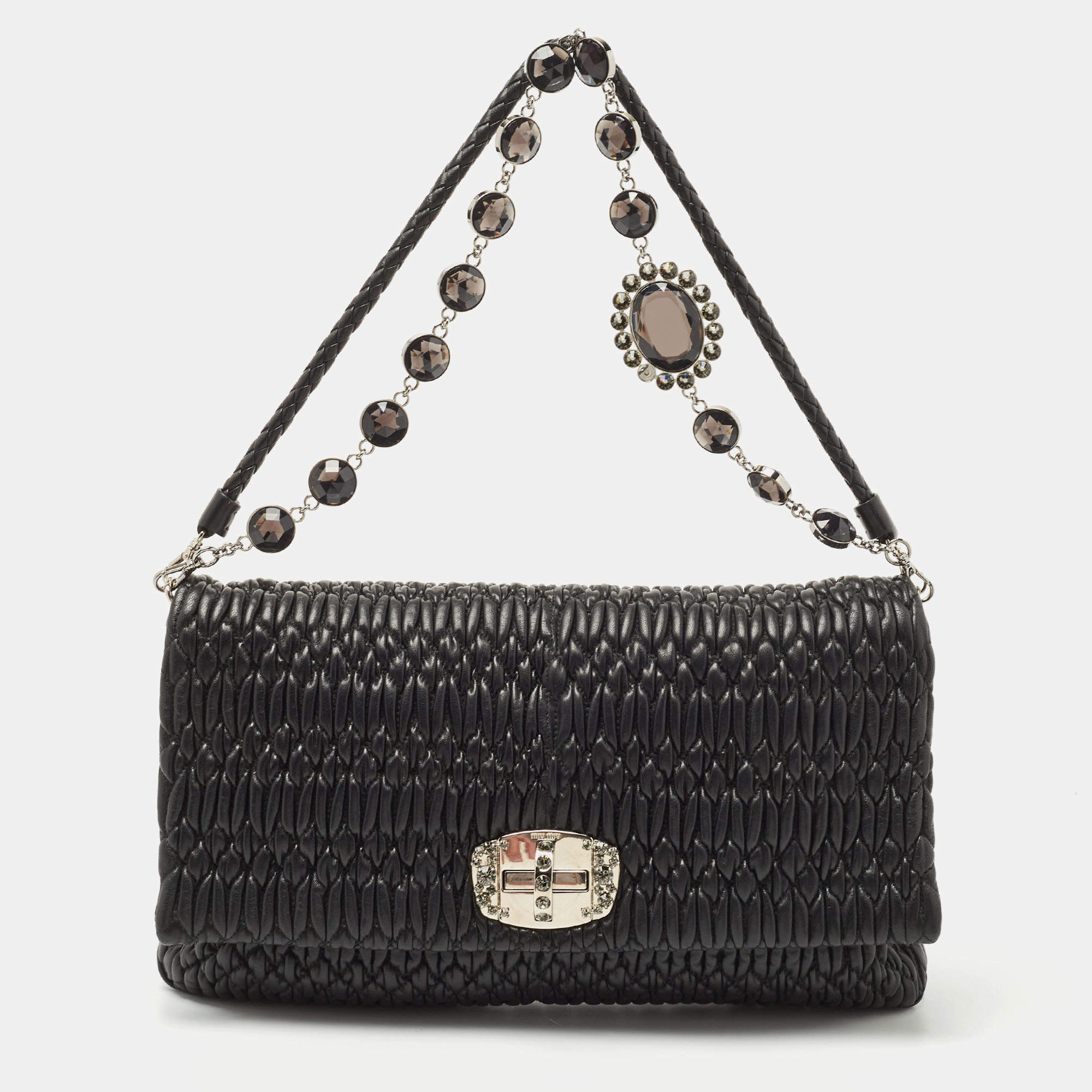 Miu Miu Black Matelassé Leather Crystal Flap Shoulder Bag