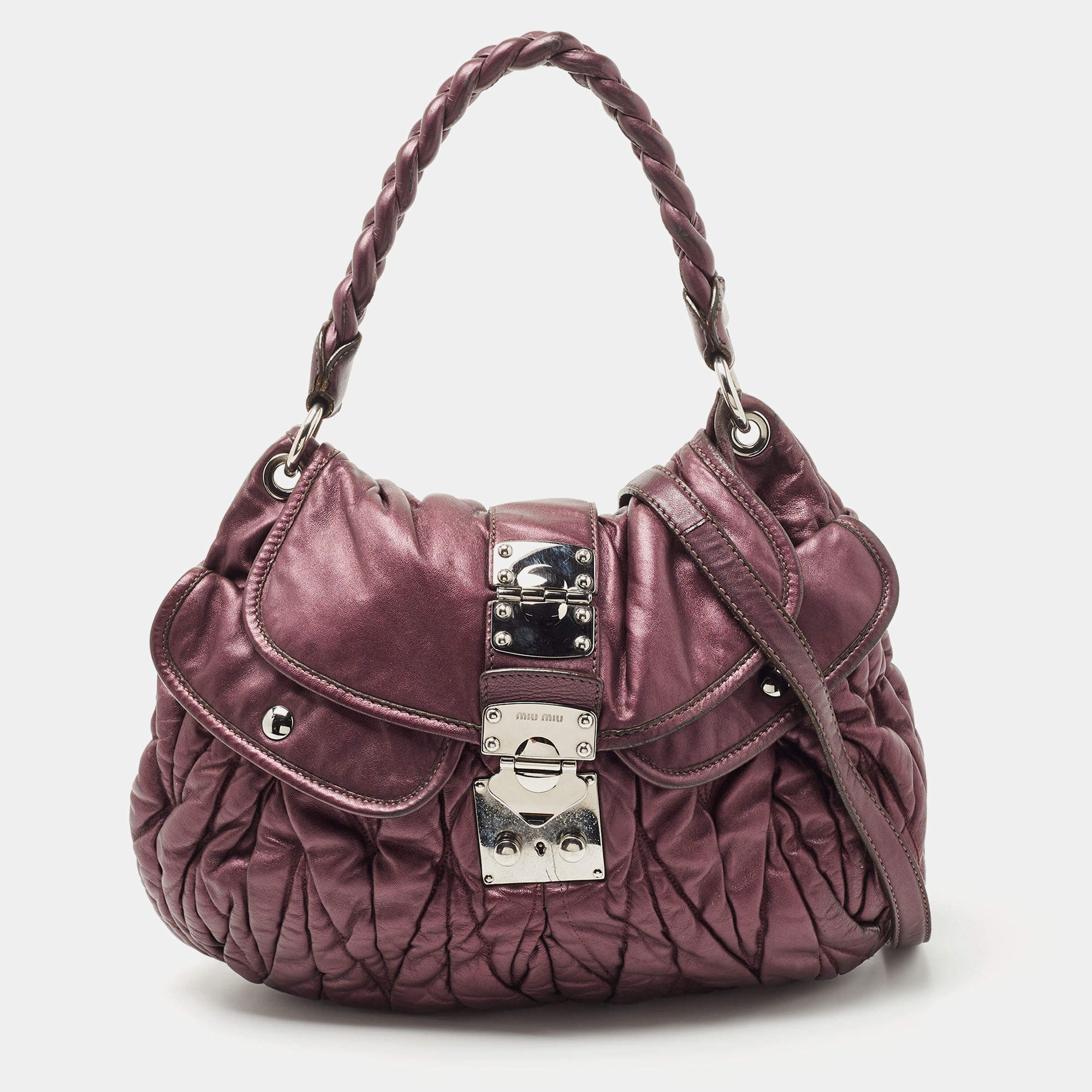Pre Owned Miu Miu Metallic Purple Matelasse Lux Leather Coffer Hobo