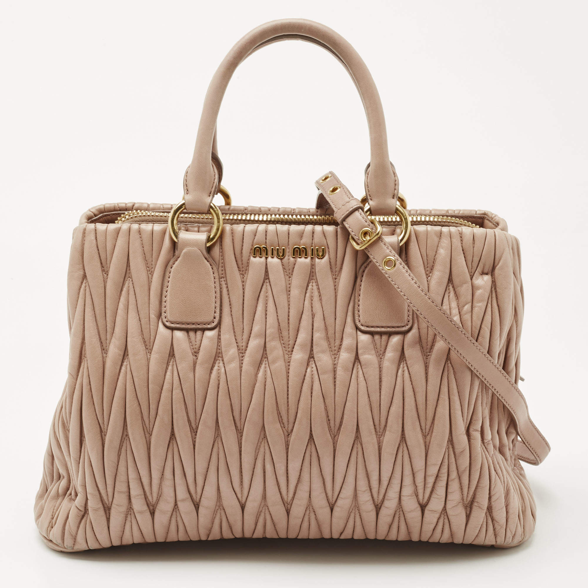 Miu Miu Beige Matelasse Leather Top Zip Tote