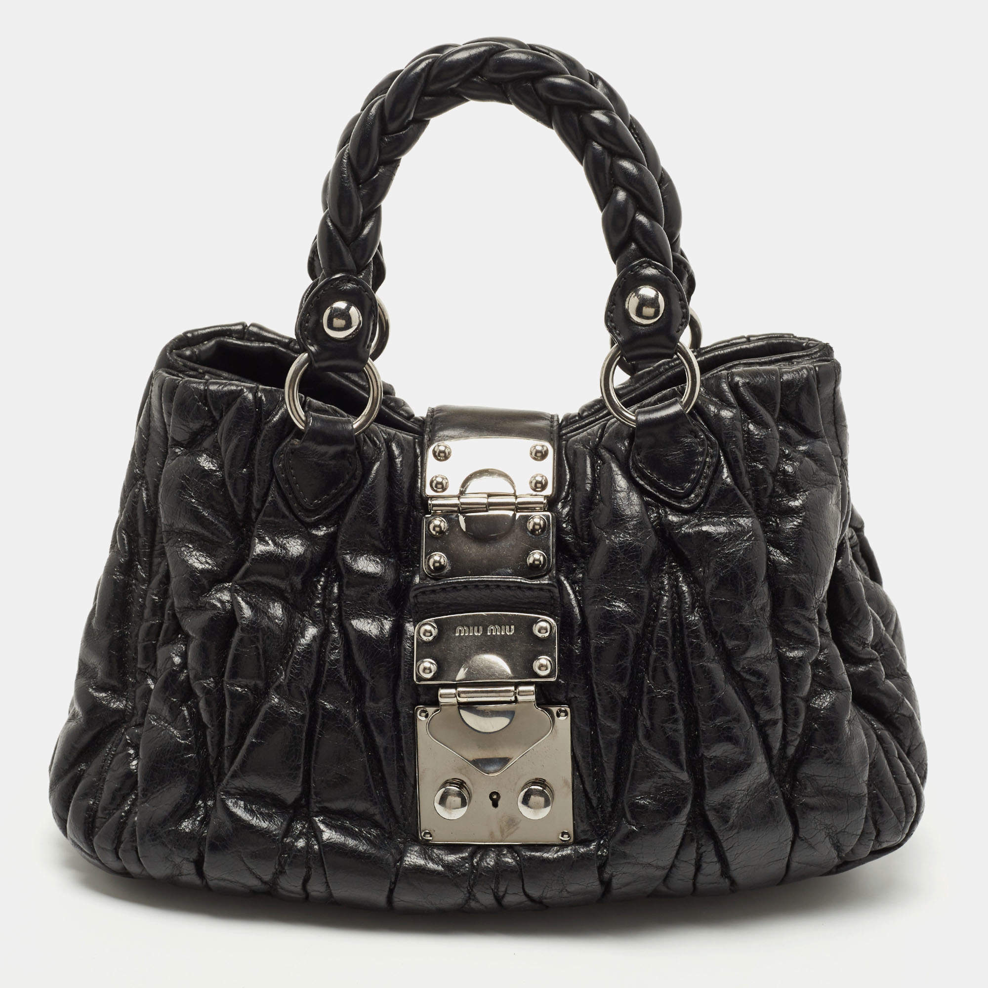Pre Owned Miu Miu Black Matelassé Leather Bauletto Bag