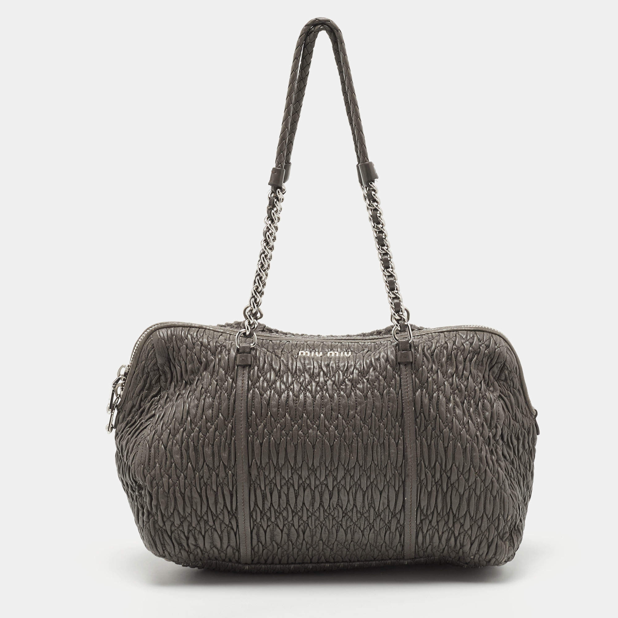Miu Miu Grey Cloque Leather Chain Satchel