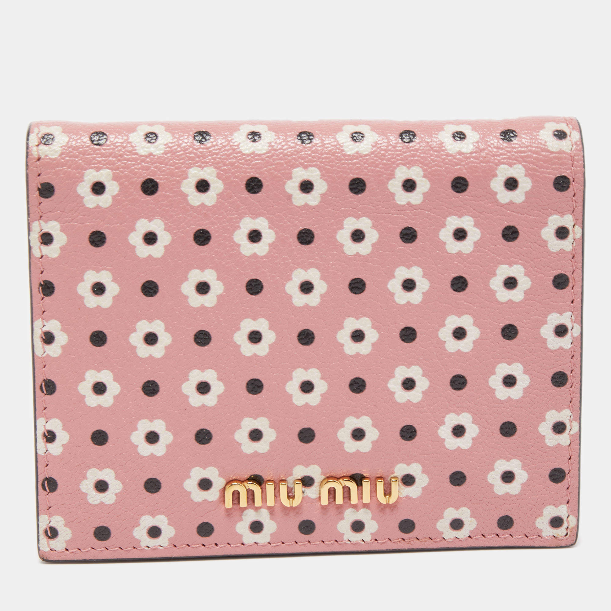 Pre Owned Miu Miu Pink/Black Floral Print Leather Bifold Wallet 