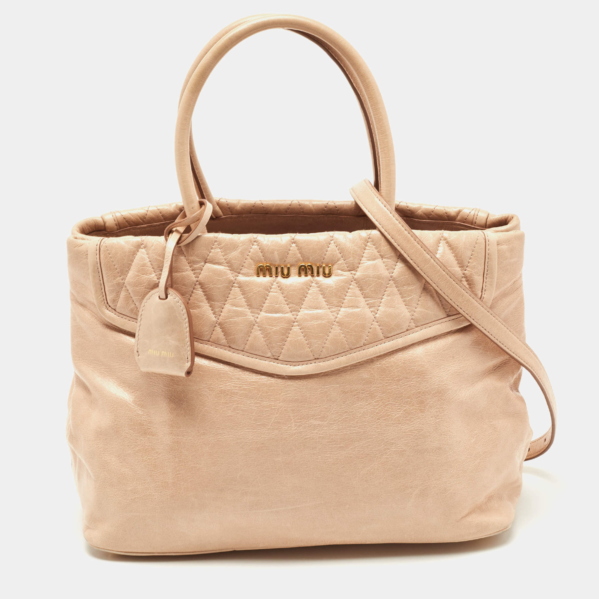 Miu Miu Beige Crinkled Glossy Leather Middle Zip Tote