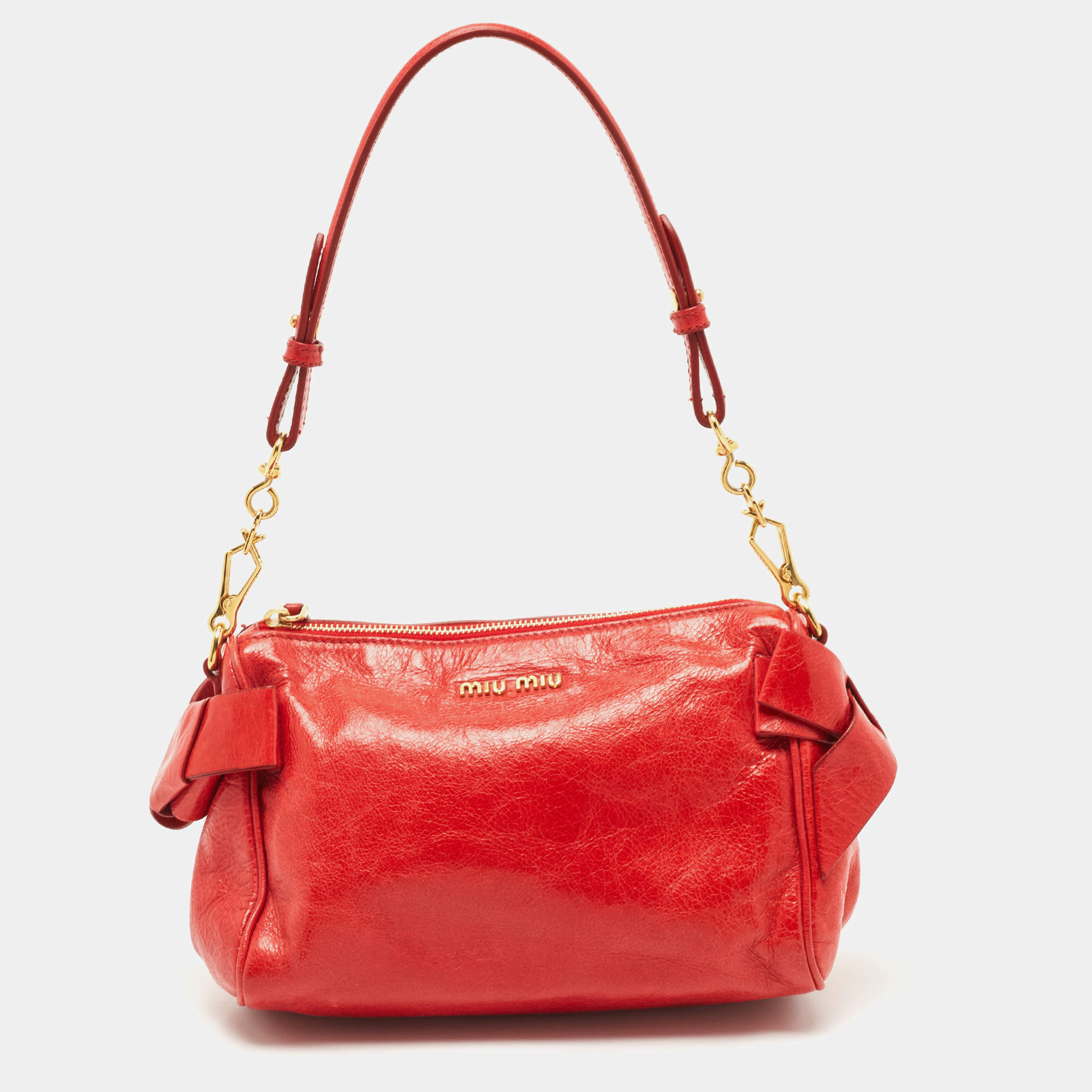 Miu Miu Red Vitello Lux Leather Bow Pochette Bag