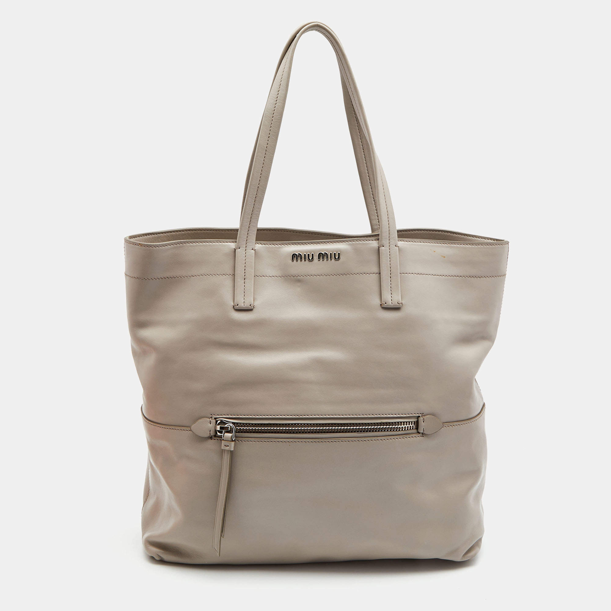 Miu Miu Grey Vitello Soft Leather Shopper Tote