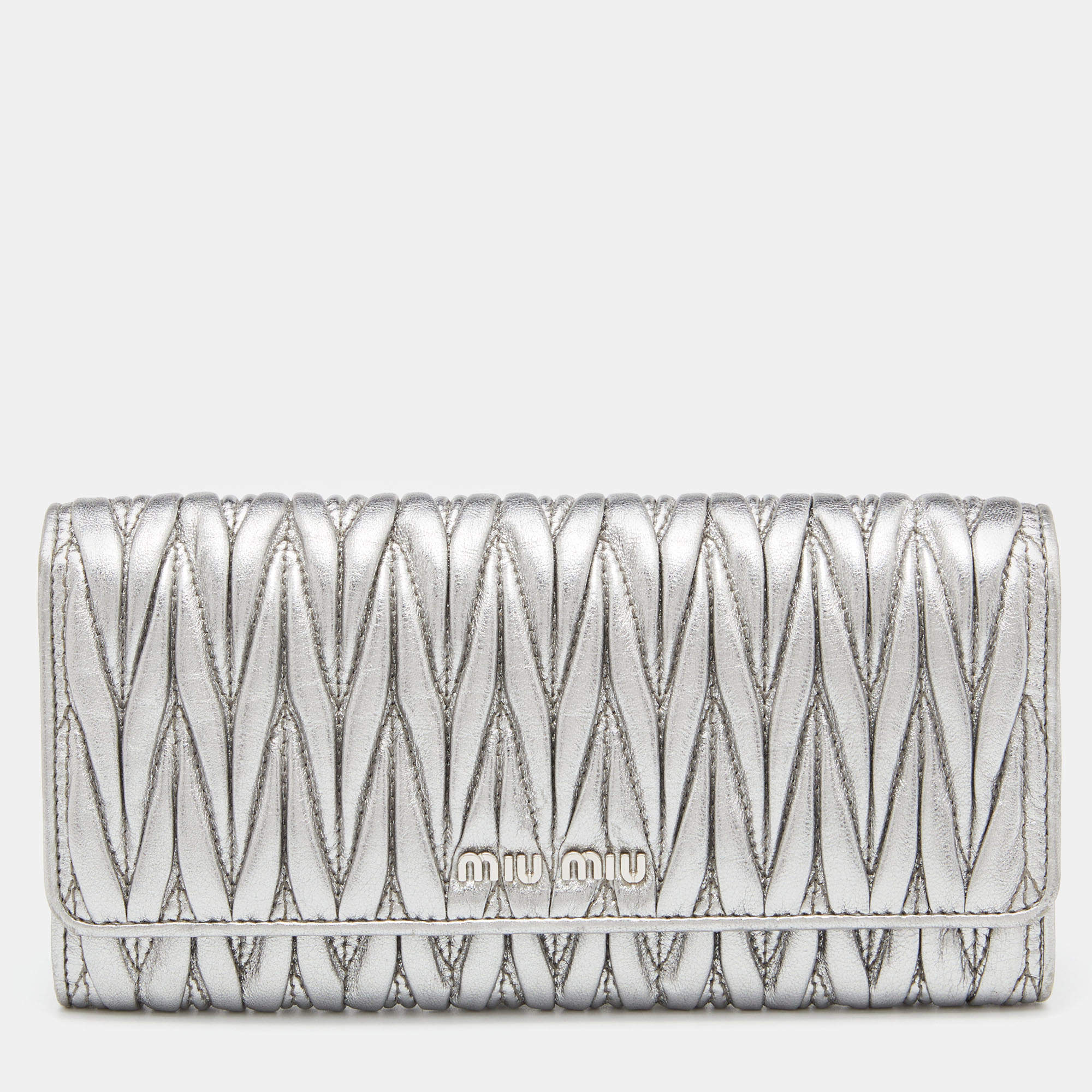 Miu Miu Silver Matelassé Leather Logo Flap Continental Wallet