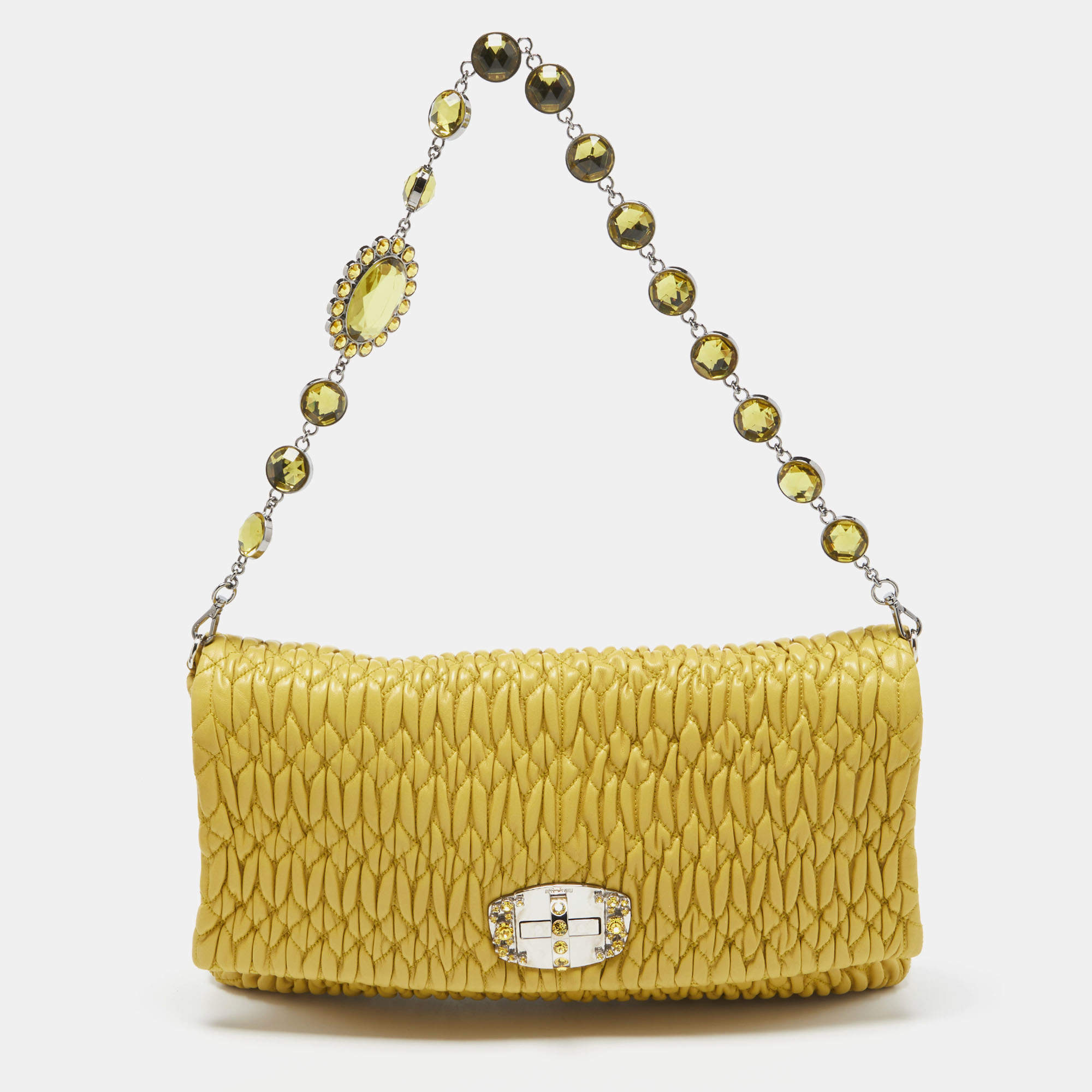 Miu Miu Yellow Matelasse Leather Crystal Flap Shoulder Bag