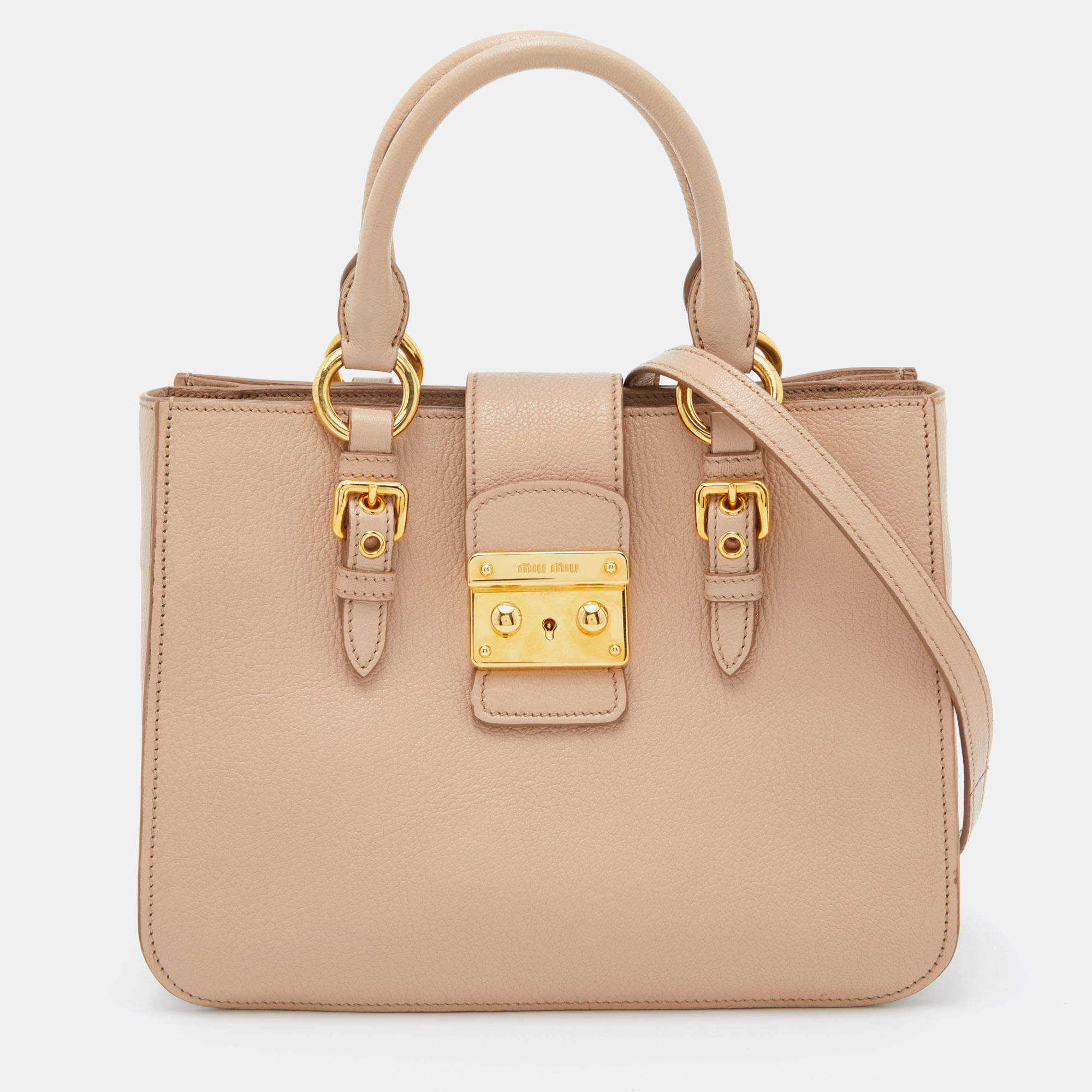 Miu Miu Beige Madras Leather Pushlock Tote