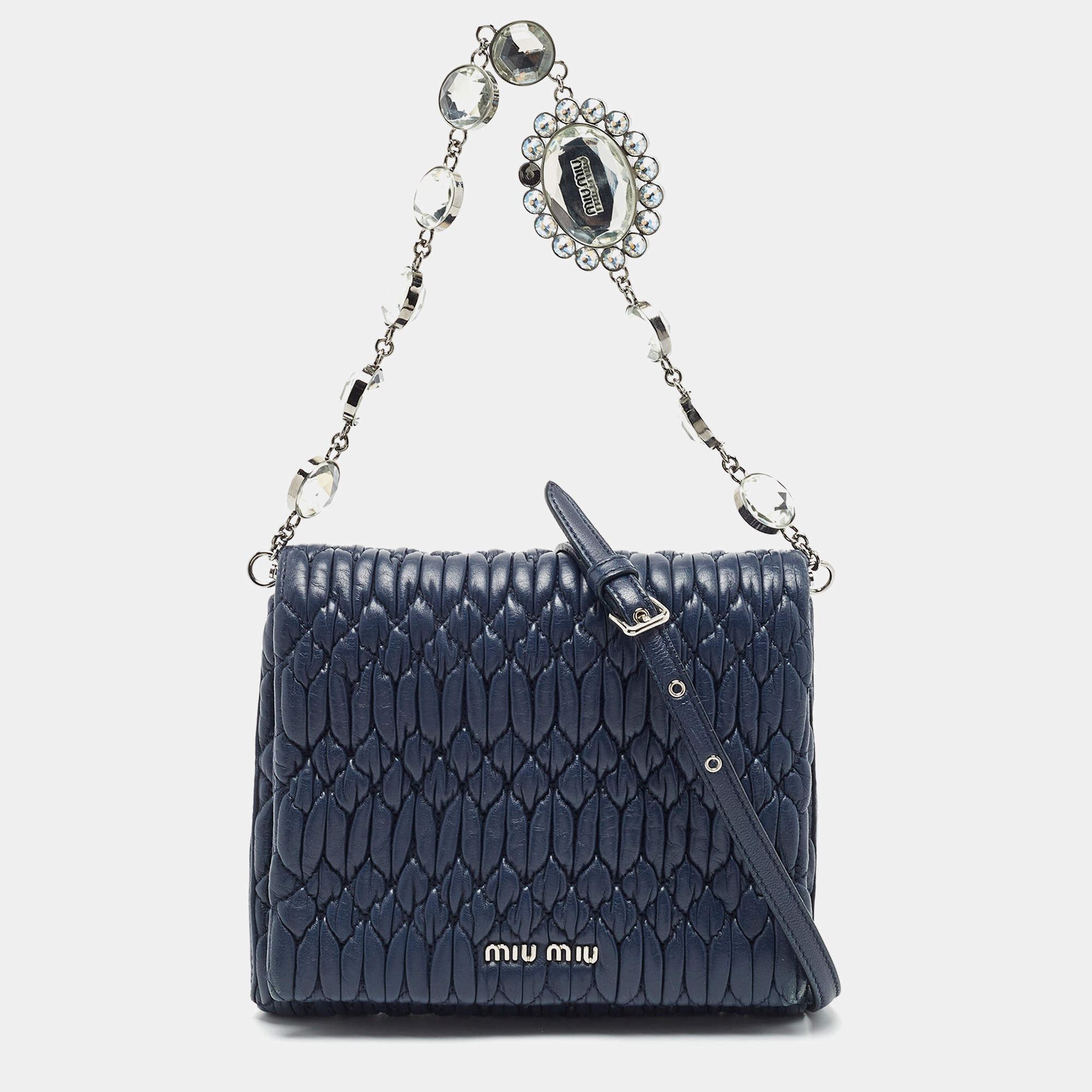 Miu Miu Navy Blue Matelasse Leather Crystals Chain Crossbody Bag