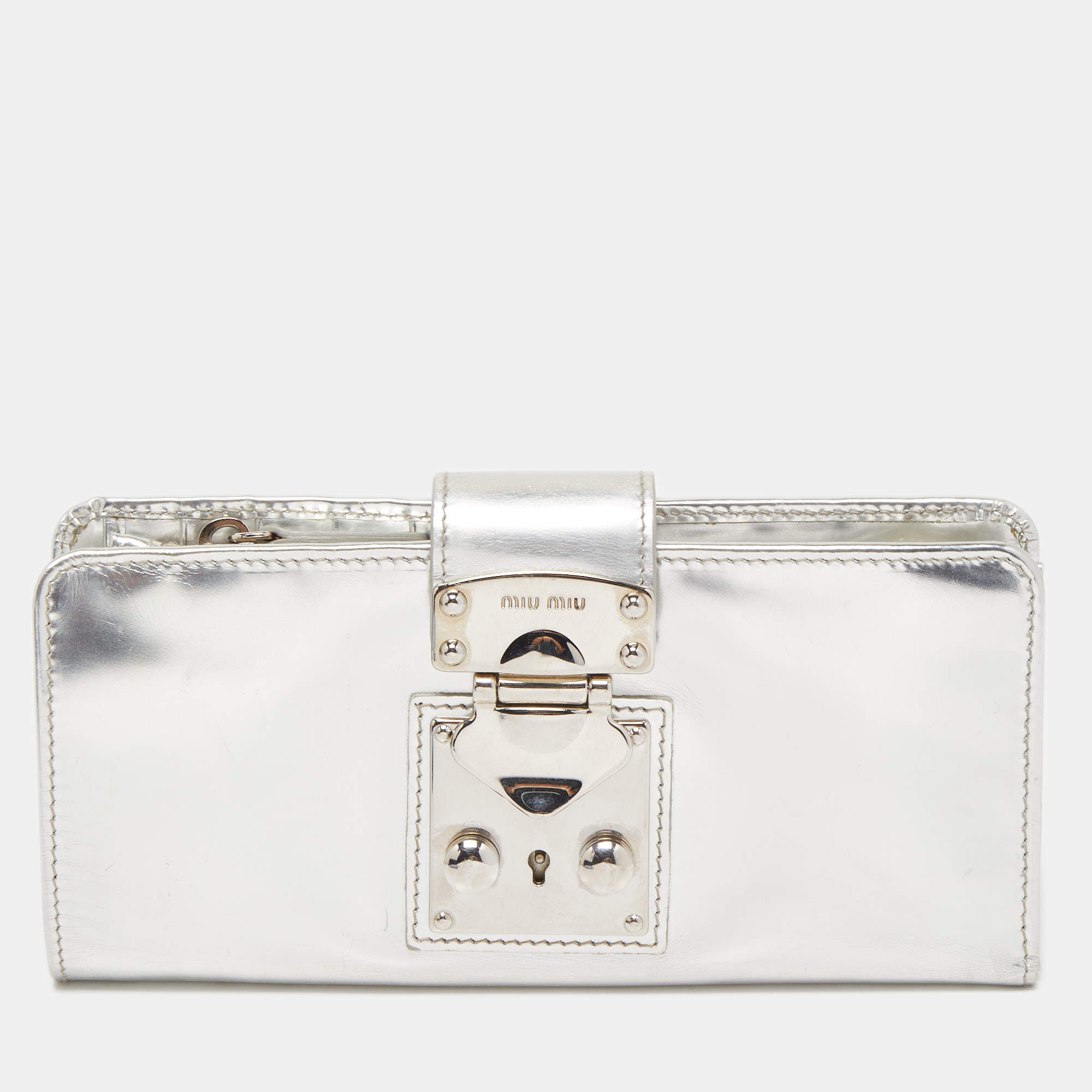 Miu Miu Silver Leather Pushlock Continental Wallet