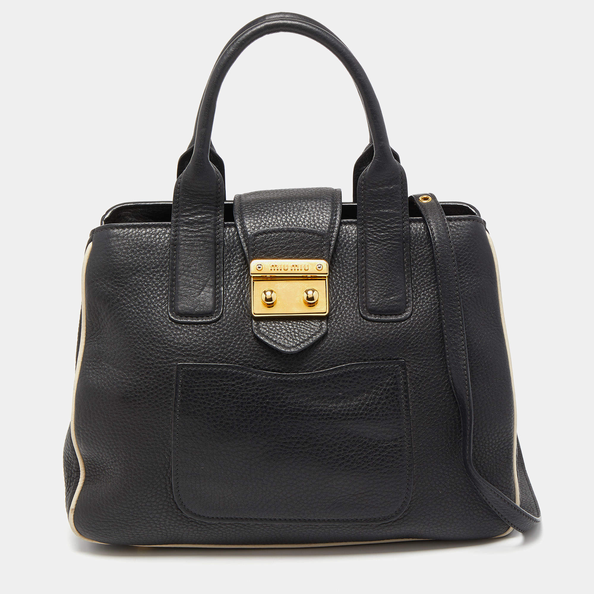 مملوكة مسبقًا Miu Miu Black/White Vitello Caribu Leather Satchel