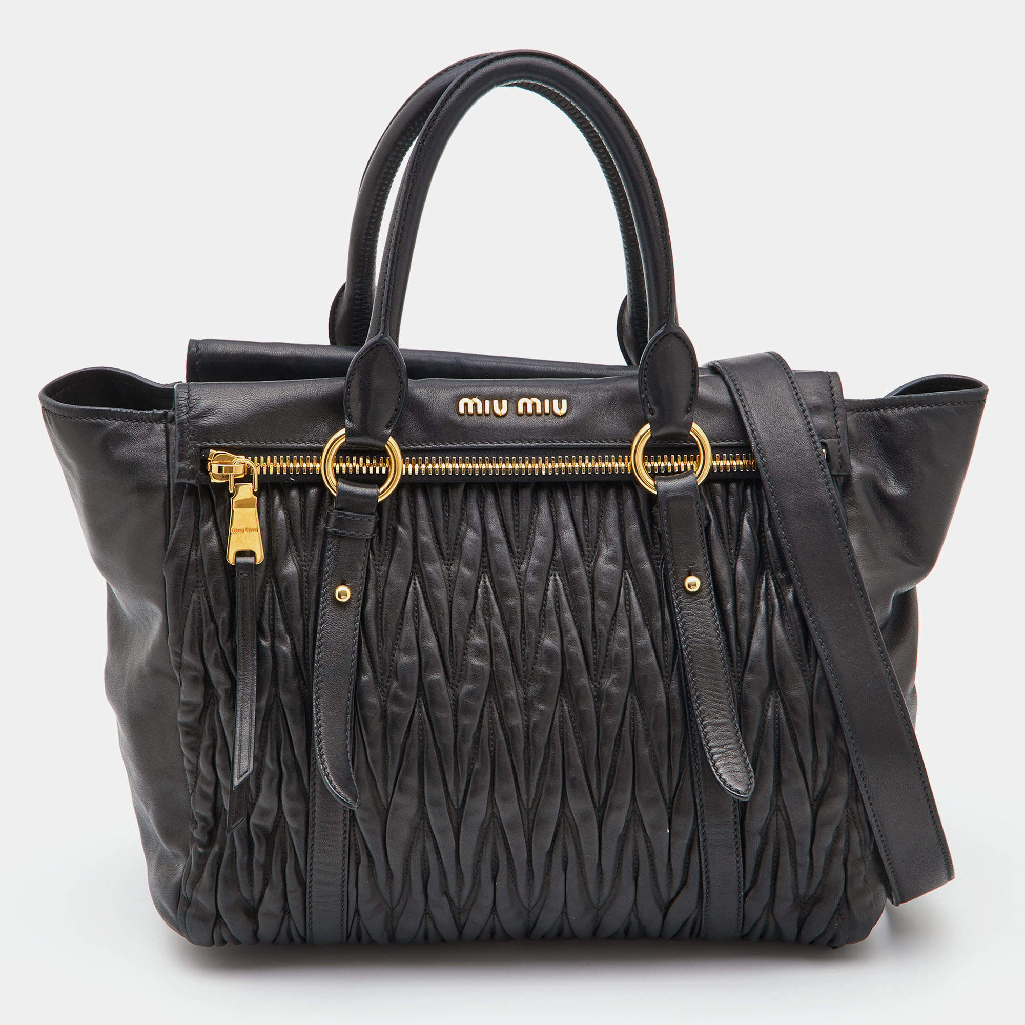 Miu Miu Black Matelasse Leather Fold Over Zip Tote