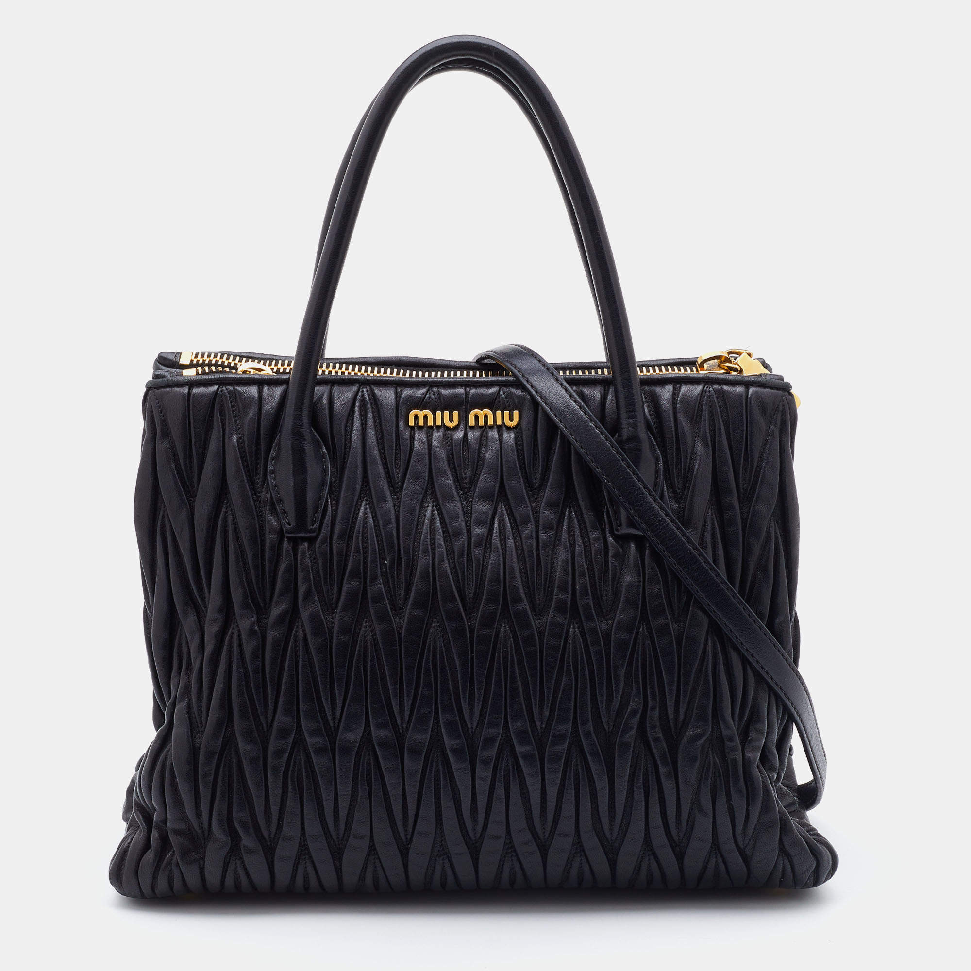 Miu Miu Black Matelasse Leather Double Zip Tote