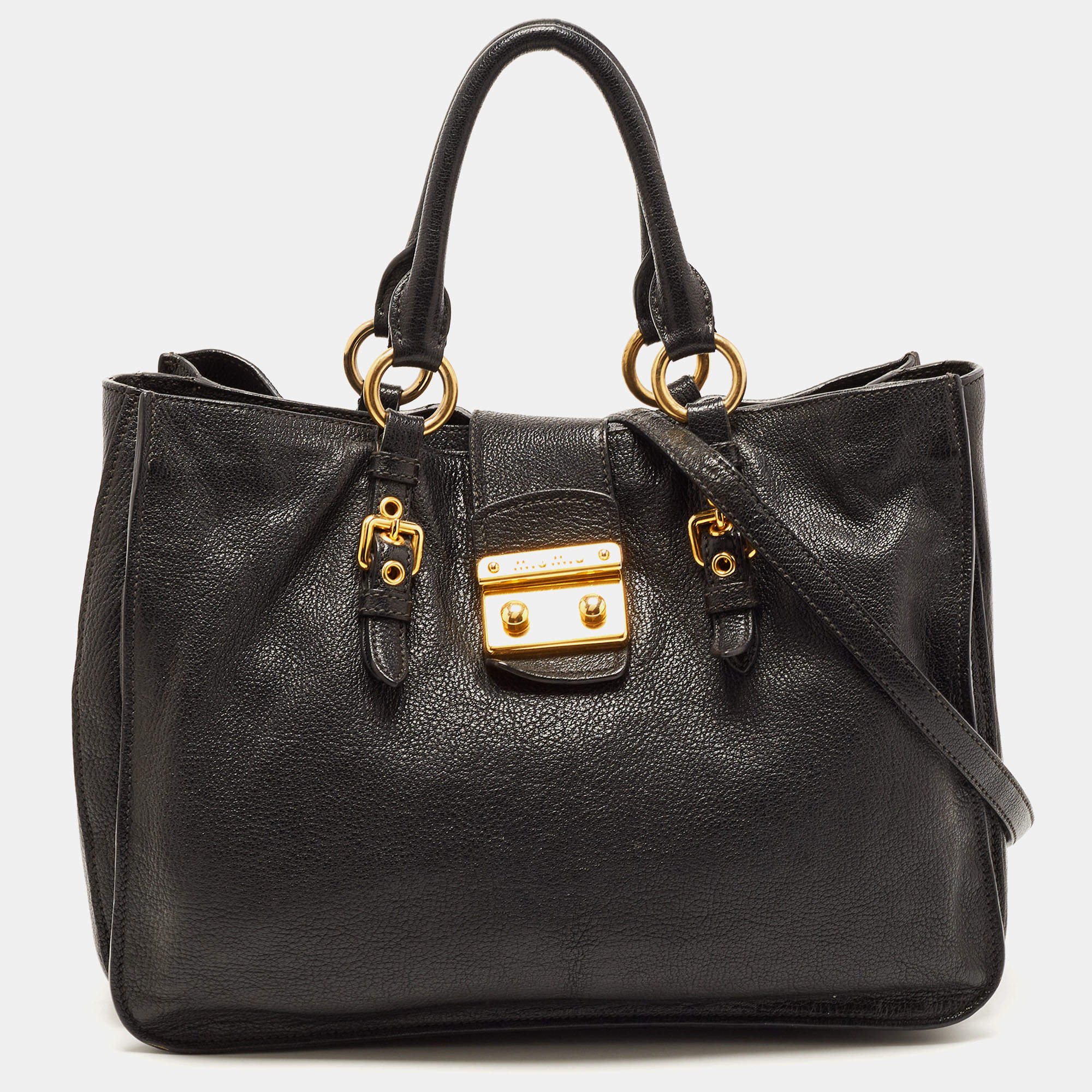 Miu Miu Black Madras Leather Pushlock Tote