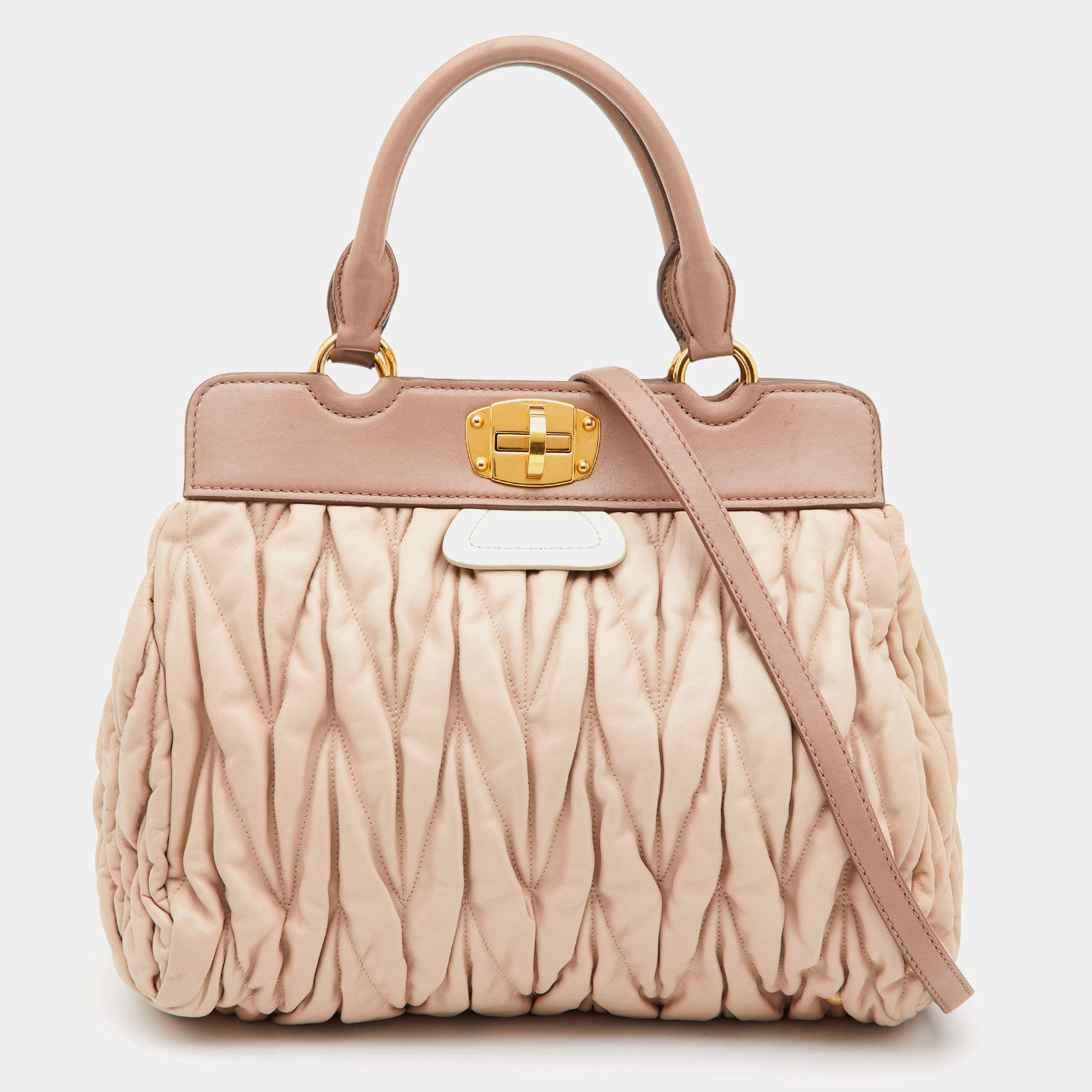 Miu Miu Two Tone Beige/White Matelasse Leather Turnlock Hobo