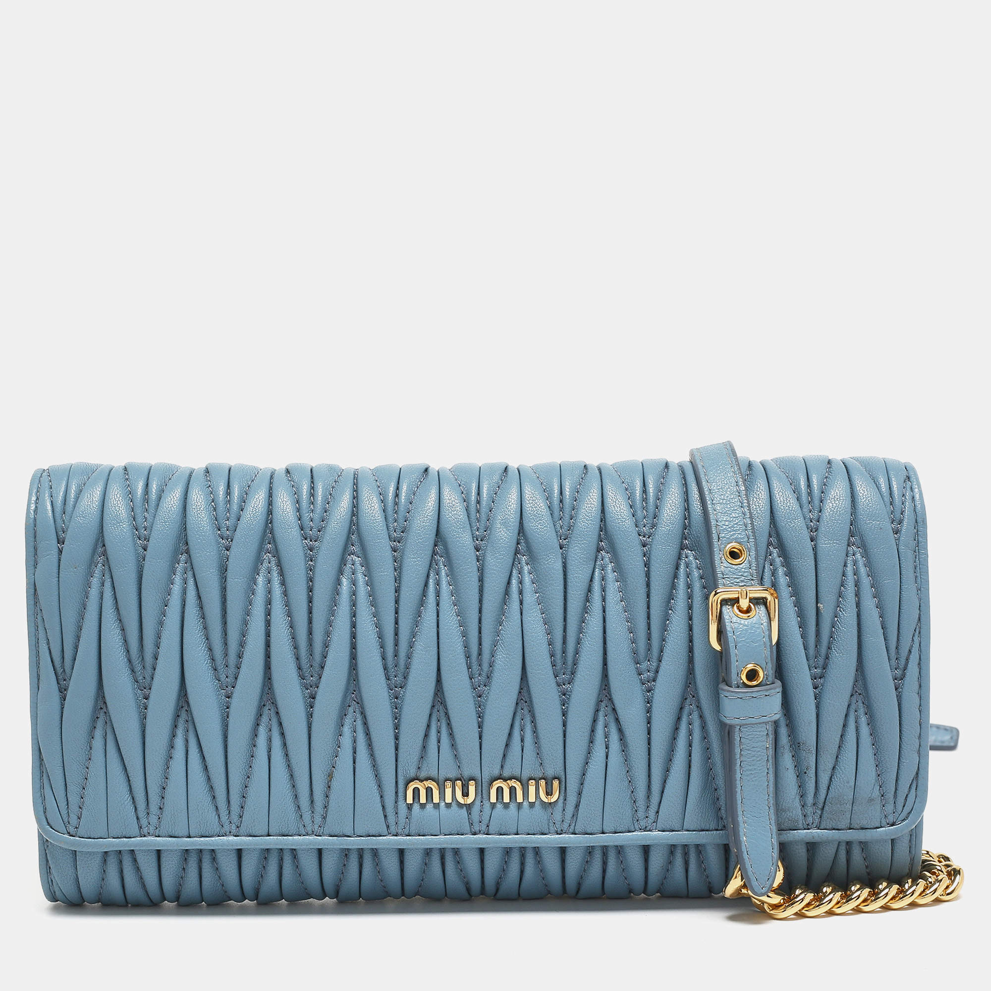 Miu Miu Blue Matelassé Leather Flap Wallet On Chain