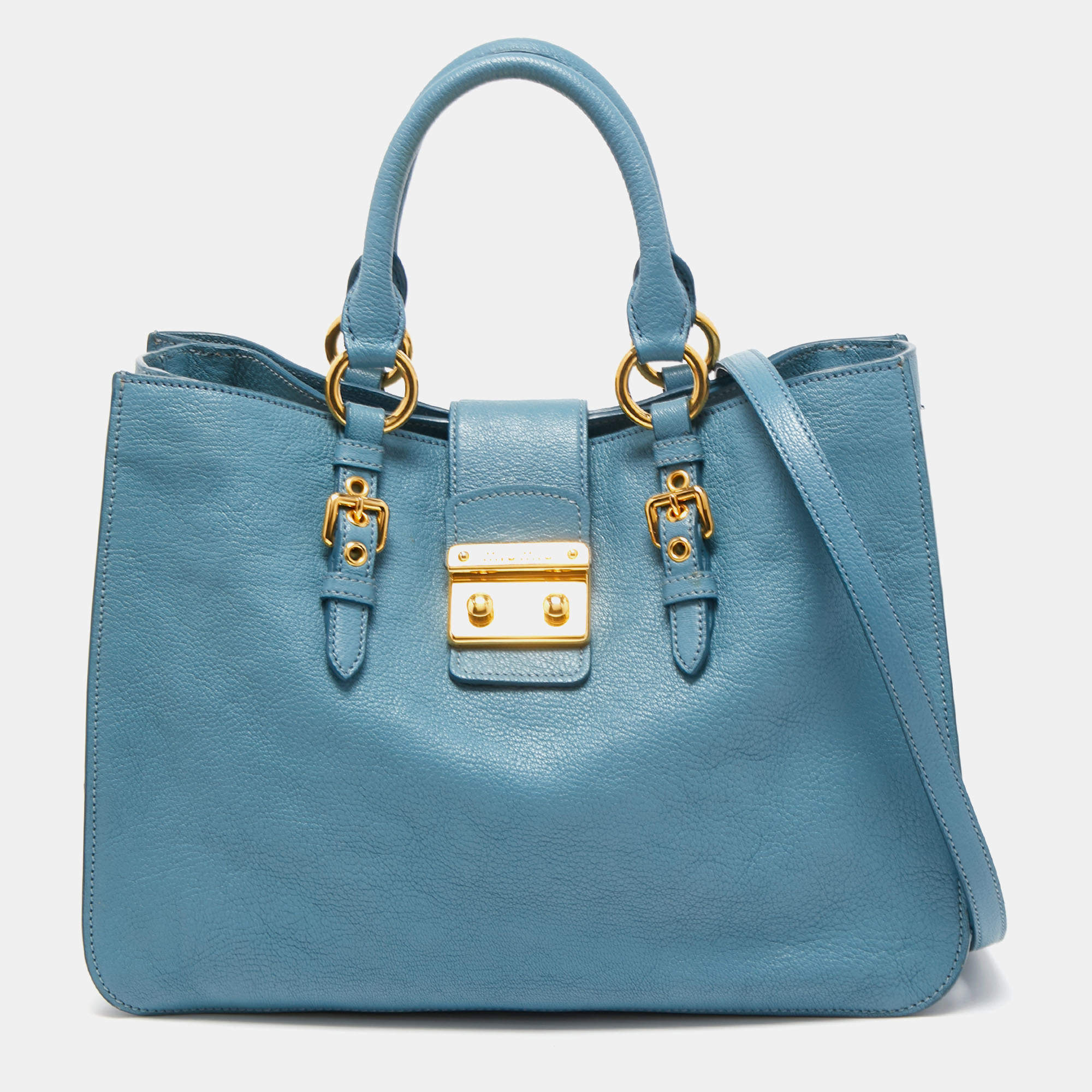 Miu Miu Light Blue Madras Leather Pushlock Tote