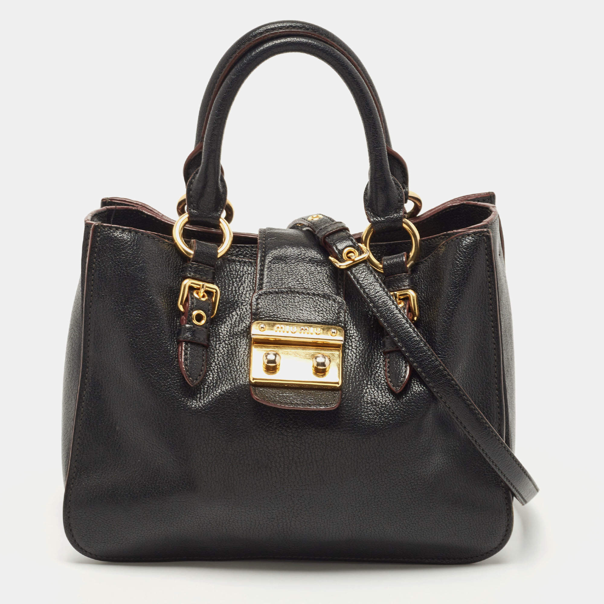 Miu Miu Black Leather Pushlock Flap Shoulder Bag