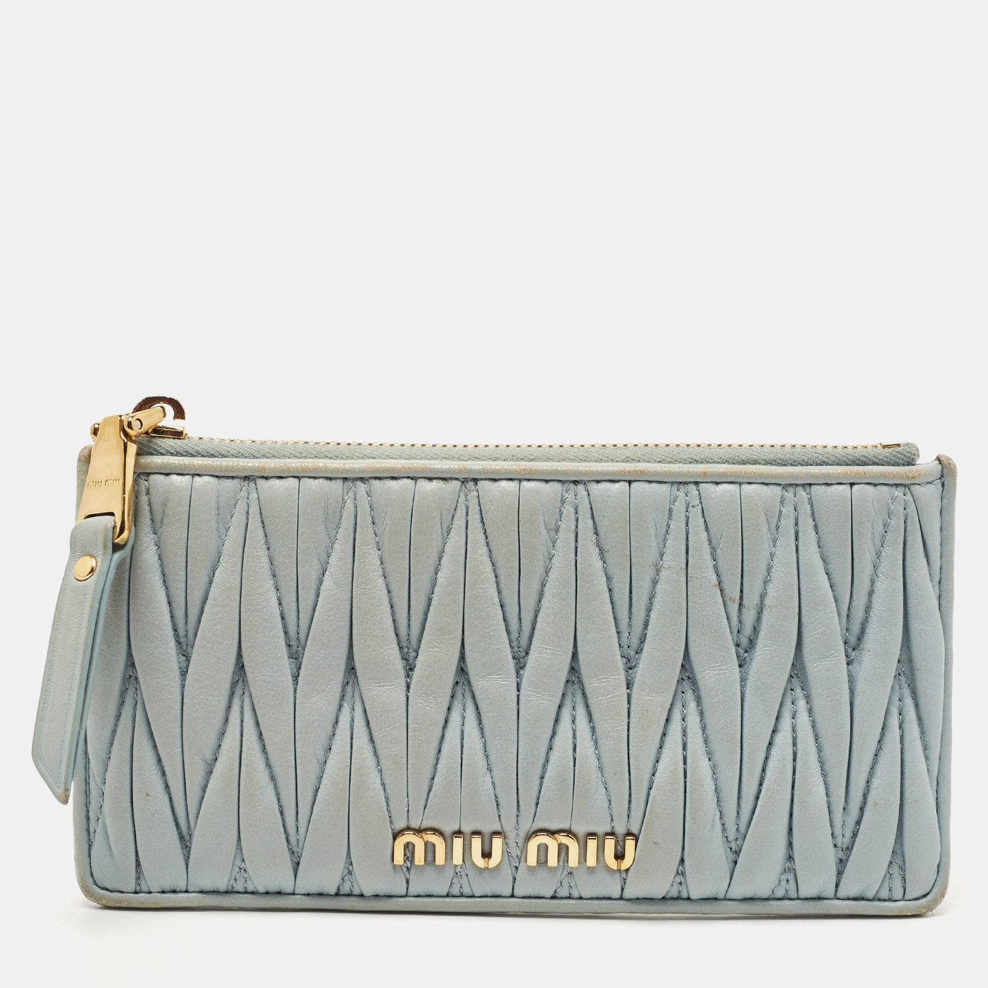 Miu Miu Light Blue Matelasse Leather Zip Card Holder 