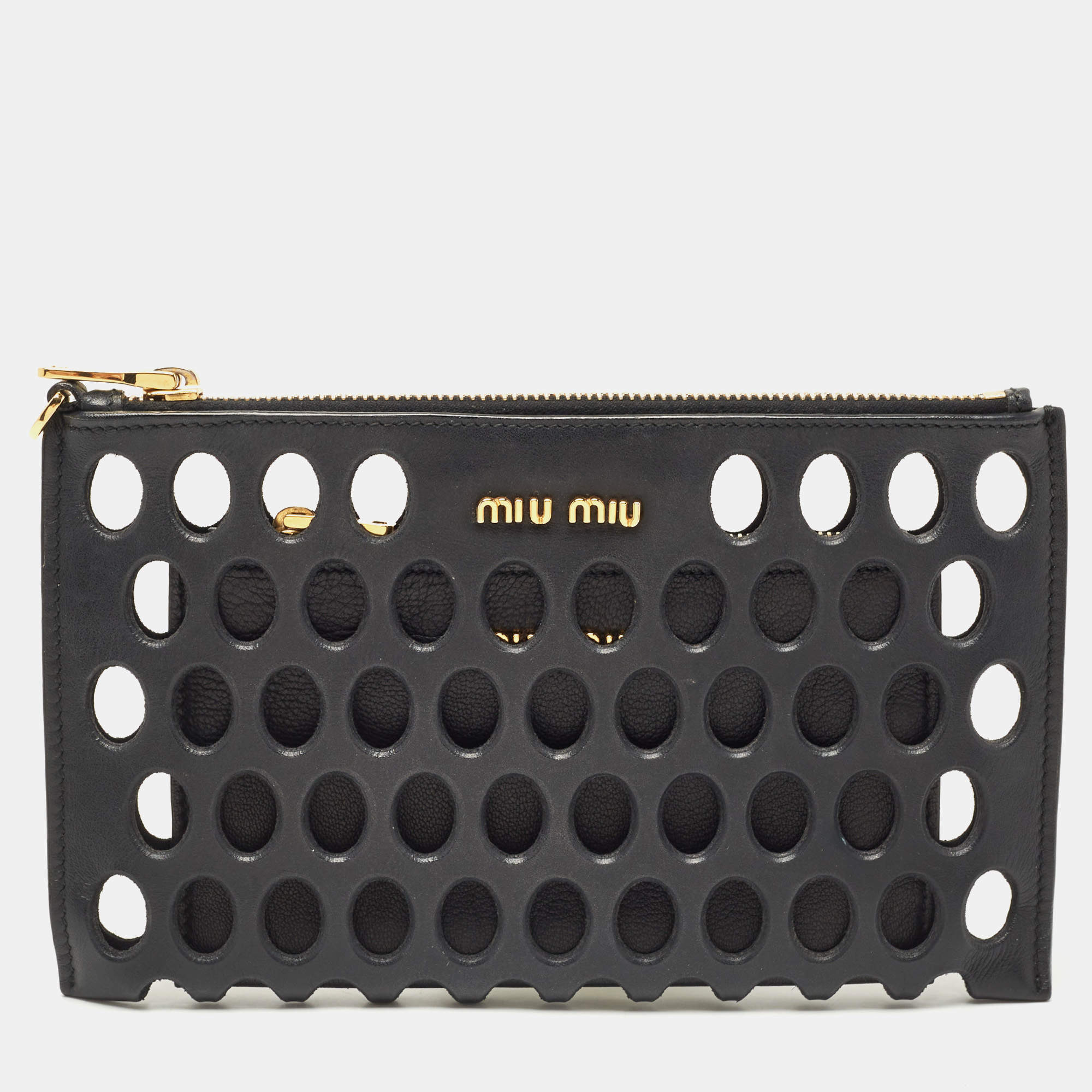 Miu Miu Black Laser Cut Leather Zip Pouch
