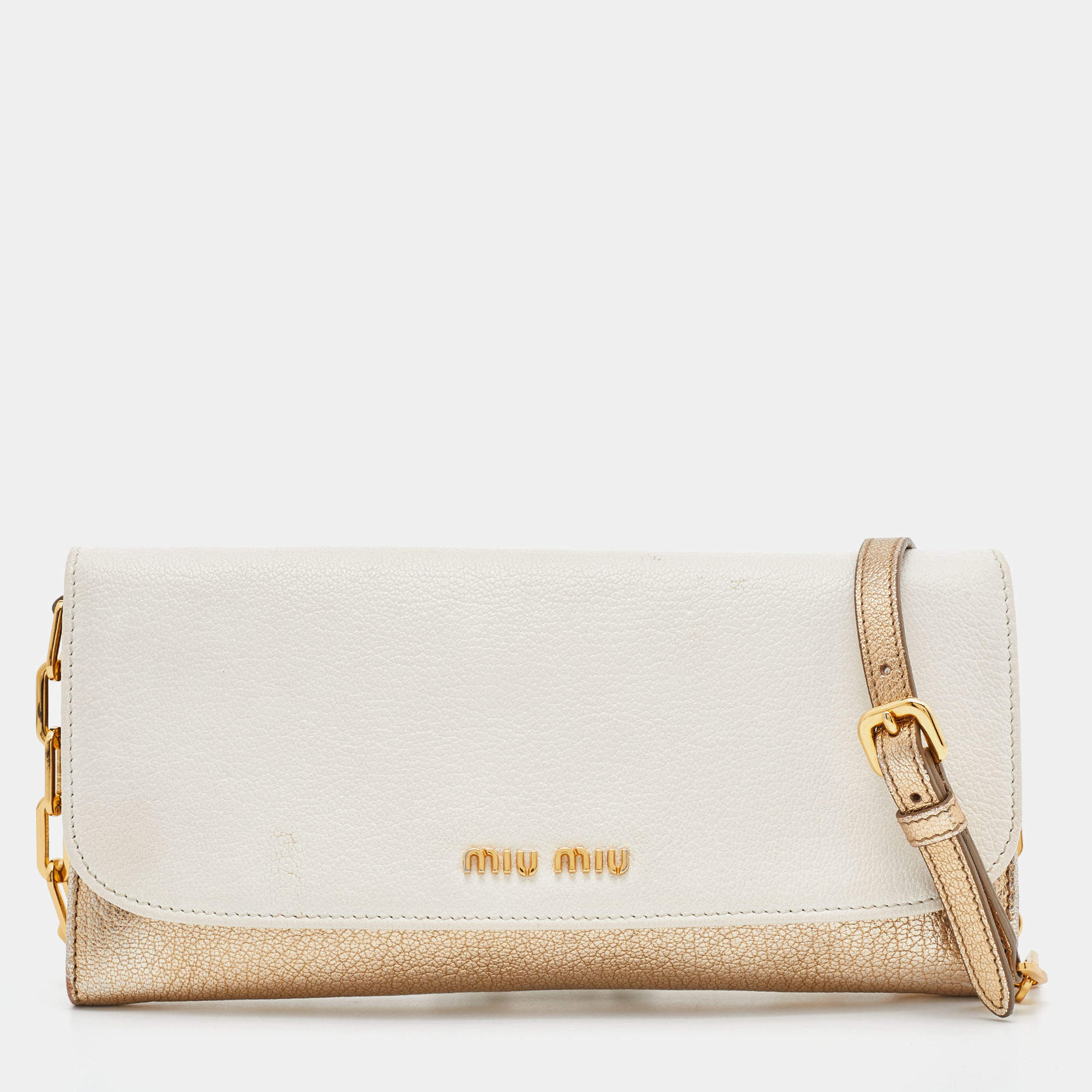 Miu Miu White/Gold Leather Flap Wallet On Chain