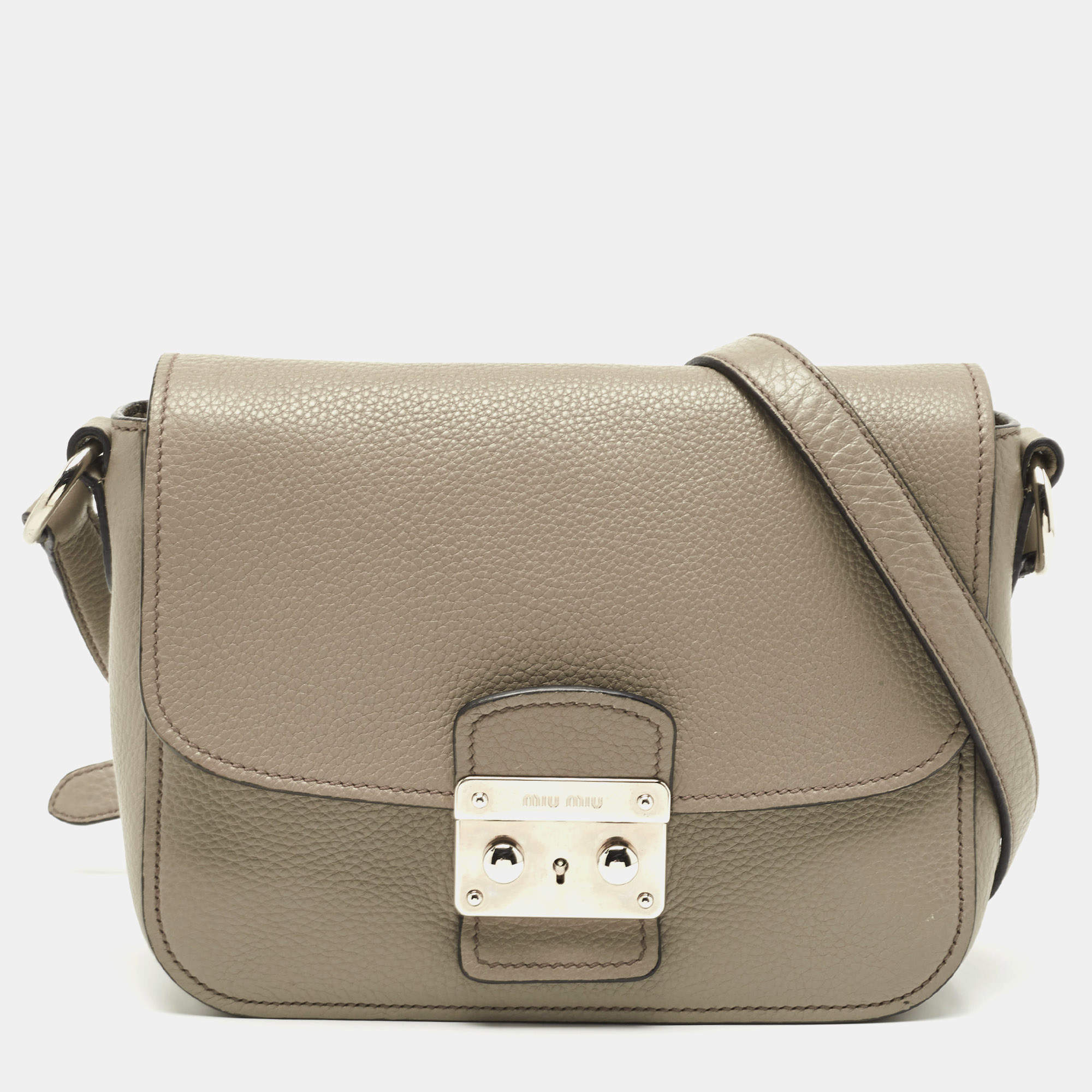 Miu Miu Grey Vitello Phenix Madras Leather Push Lock Flap Crossbody Bag