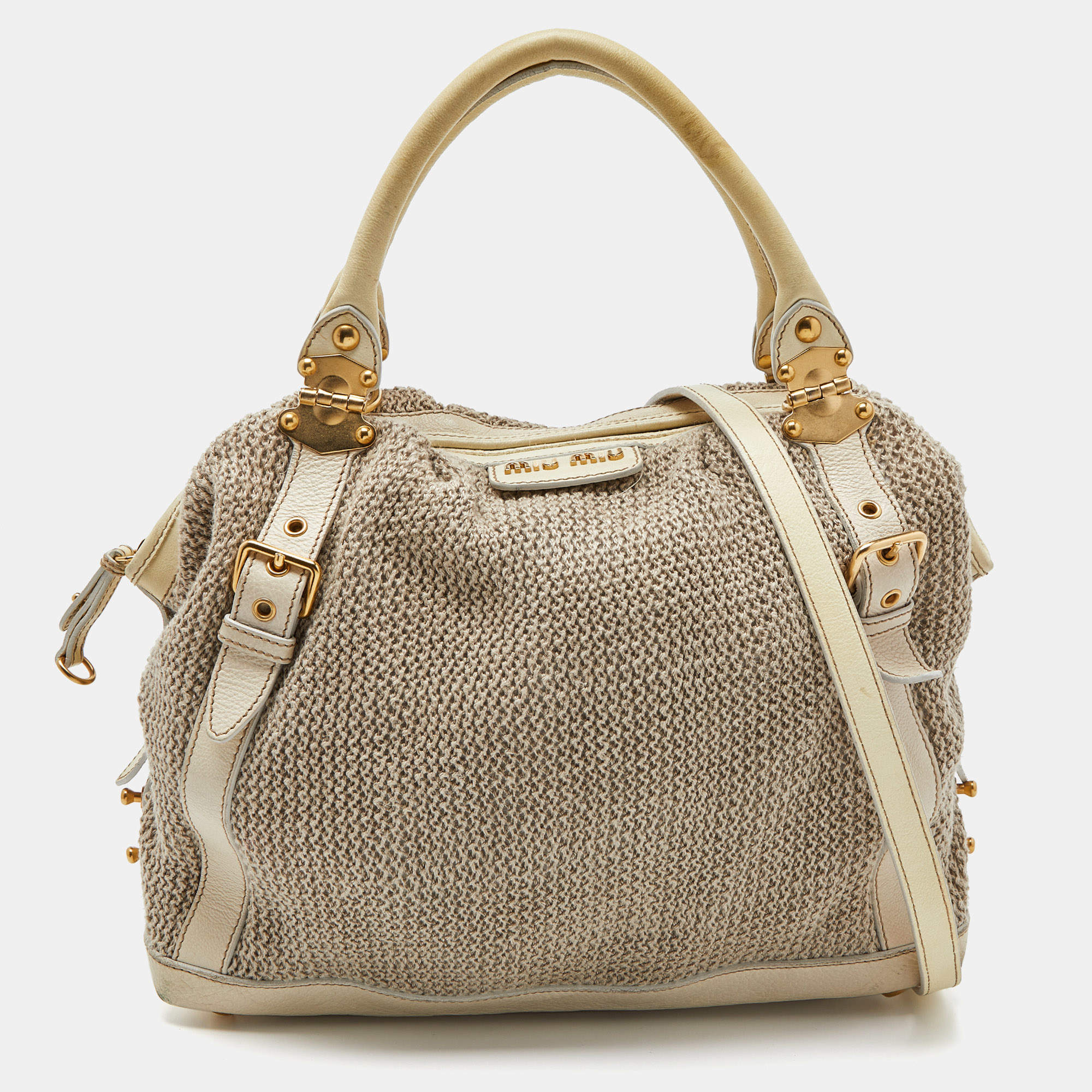 Miu Miu Cream Woven Fabric and Leather Satchel