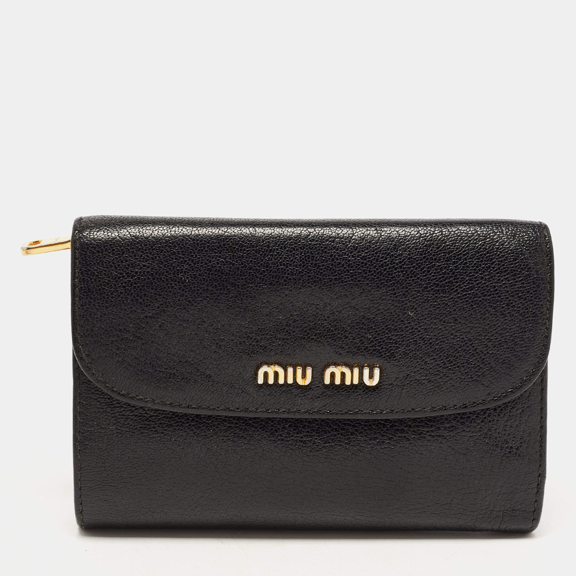 Pre Owned Miu Miu Black Leather Logo Flap French Wallet
