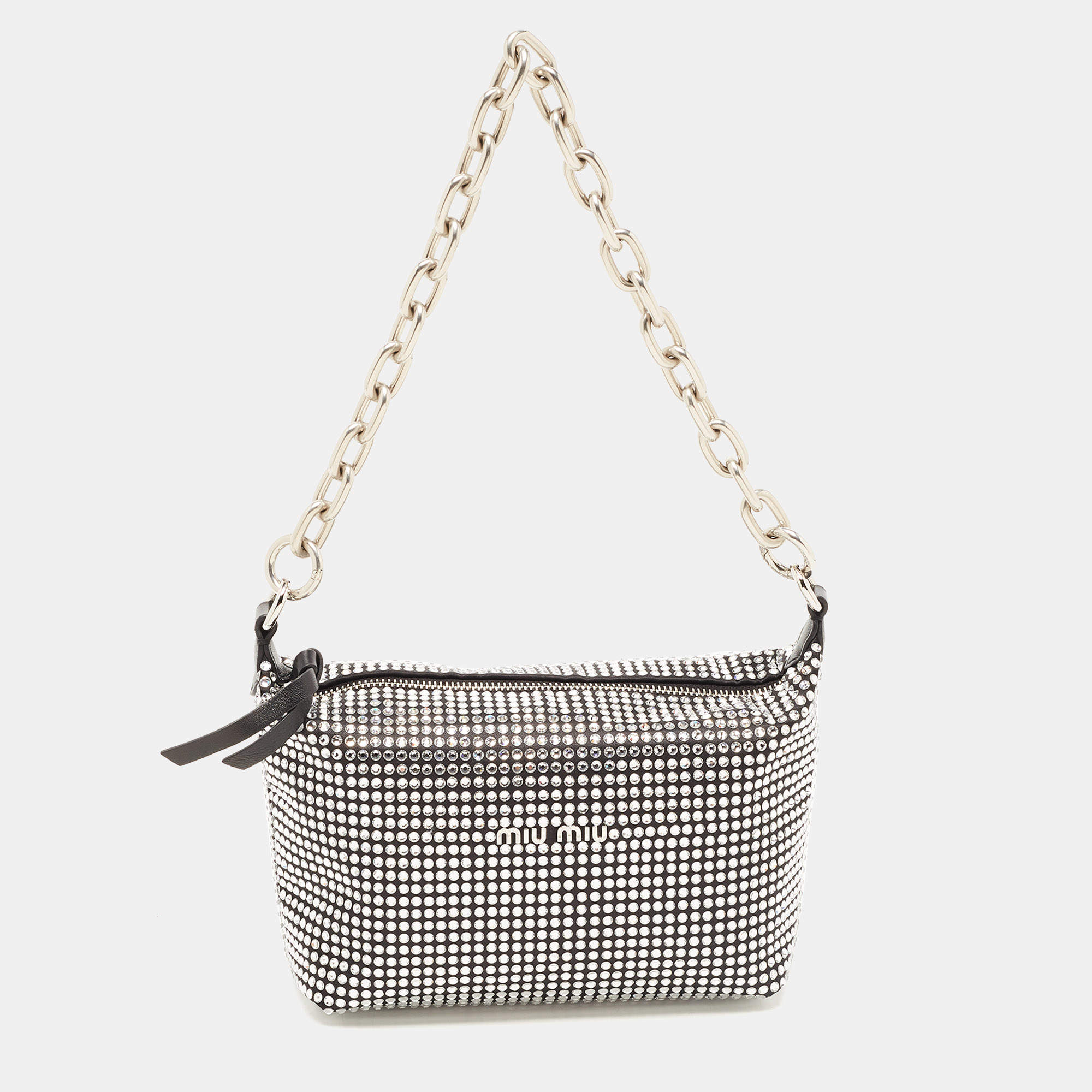 Miu Miu Black Satin and Leather Crystals Spirit Baguette Bag