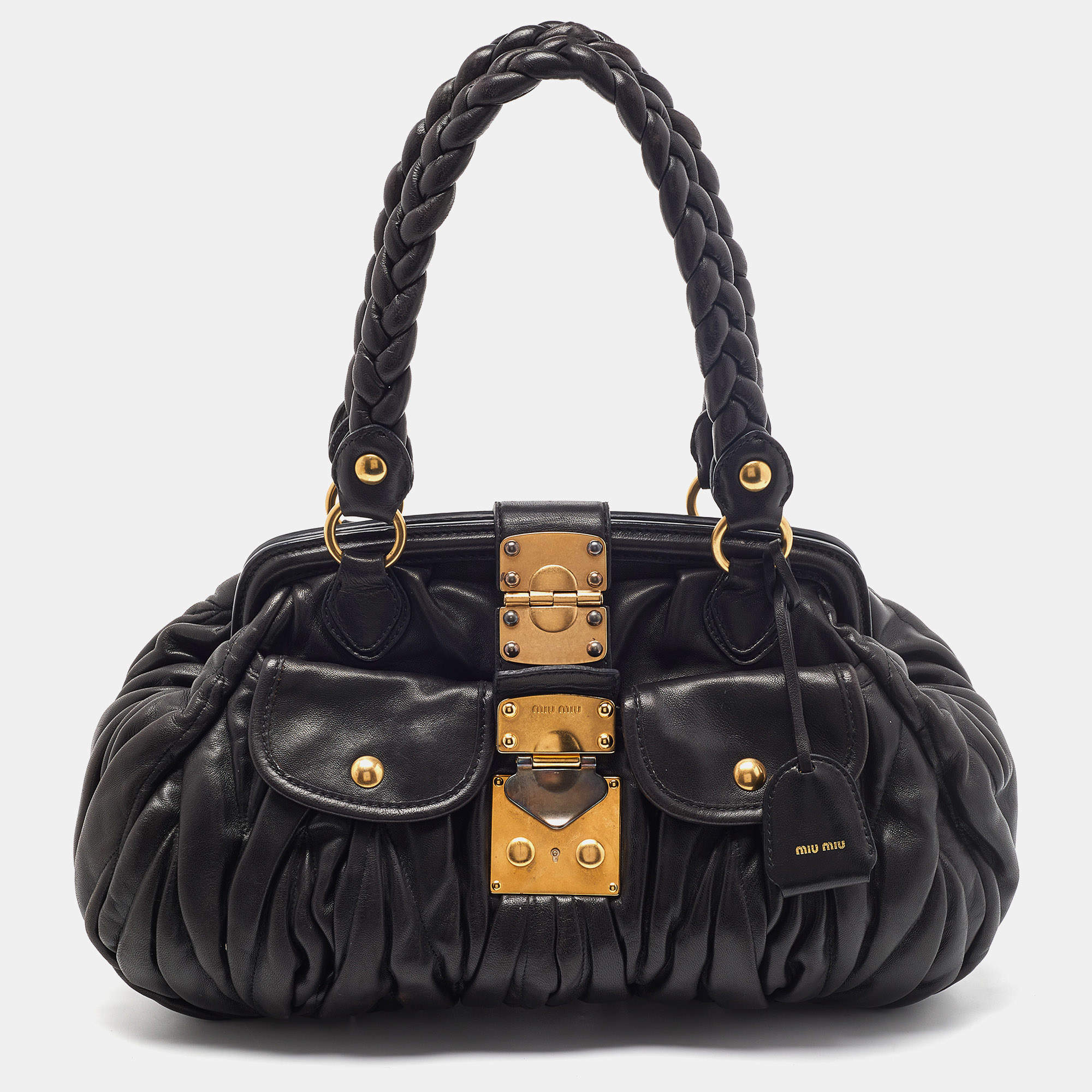 Miu Miu Black Matelassé Leather Coffer Frame Satchel