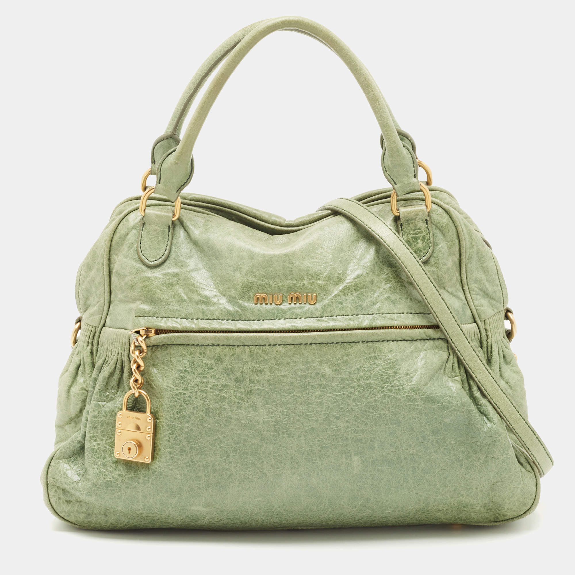 Miu Miu Mint Green Leather Lily Distressed Satchel