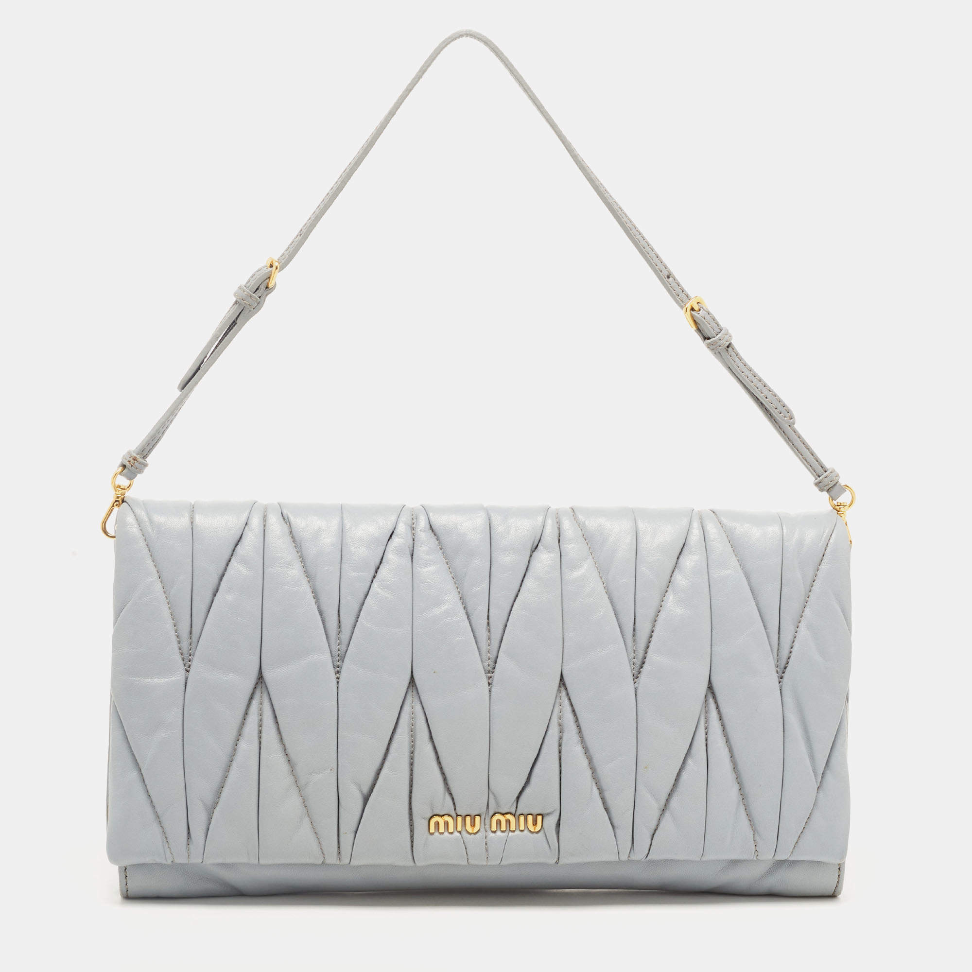 Miu Miu Ash Blue Matelassé Leather Flap Clutch Bag