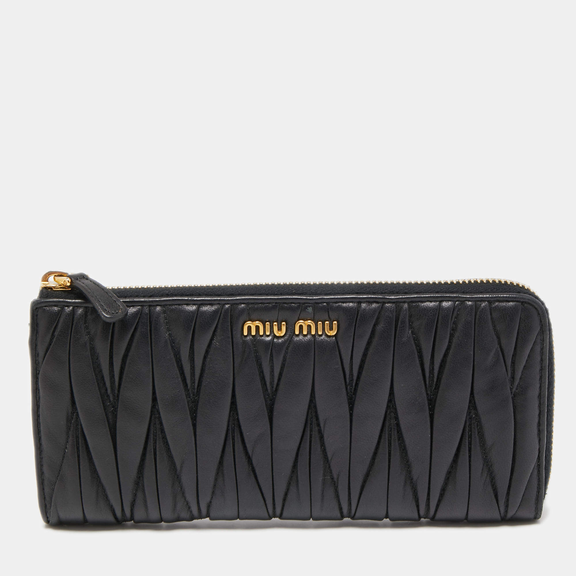Miu Miu Black Matelassé Leather Logo Zip Around Continental Wallet