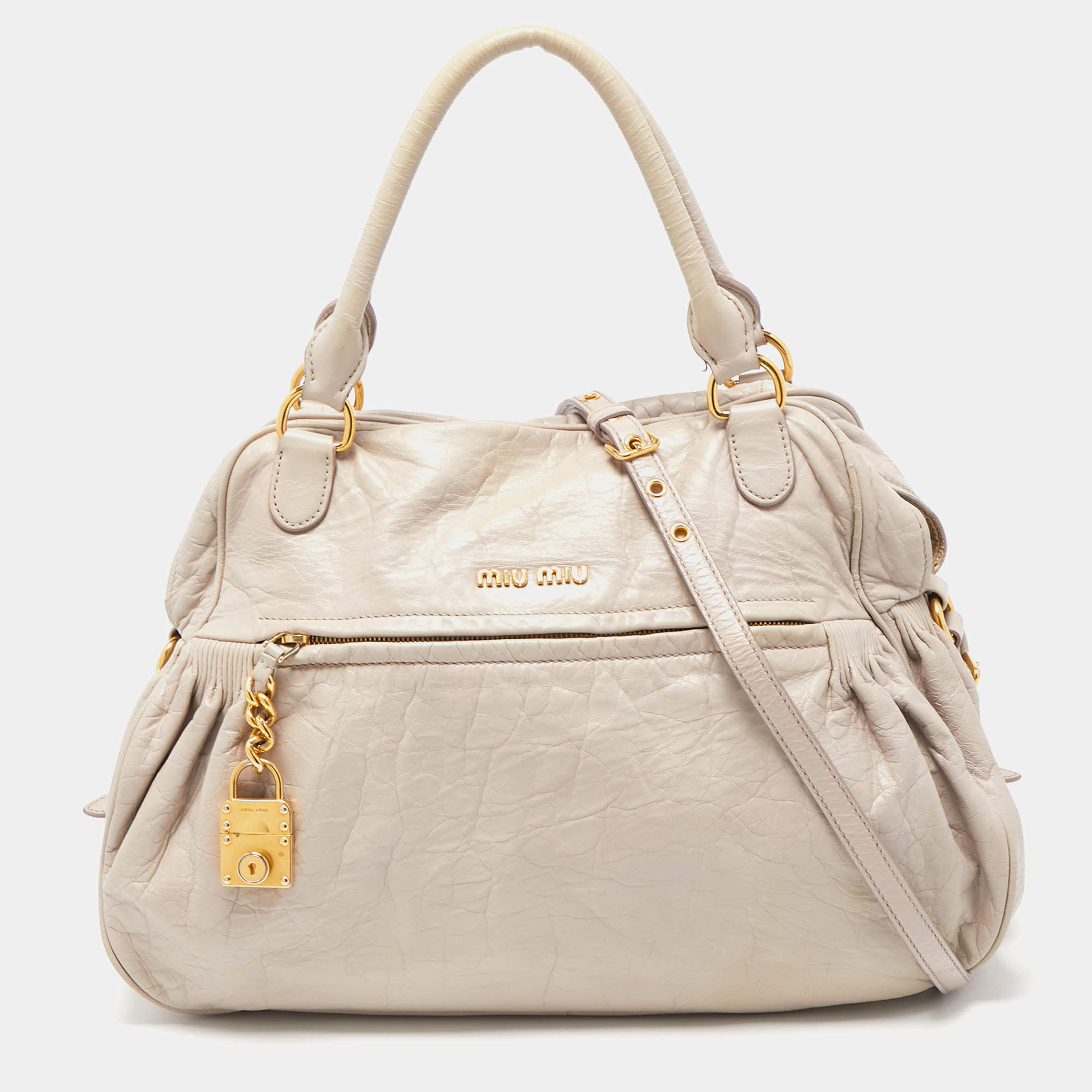 Miu Miu Grey Leather Lily Distressed Satchel