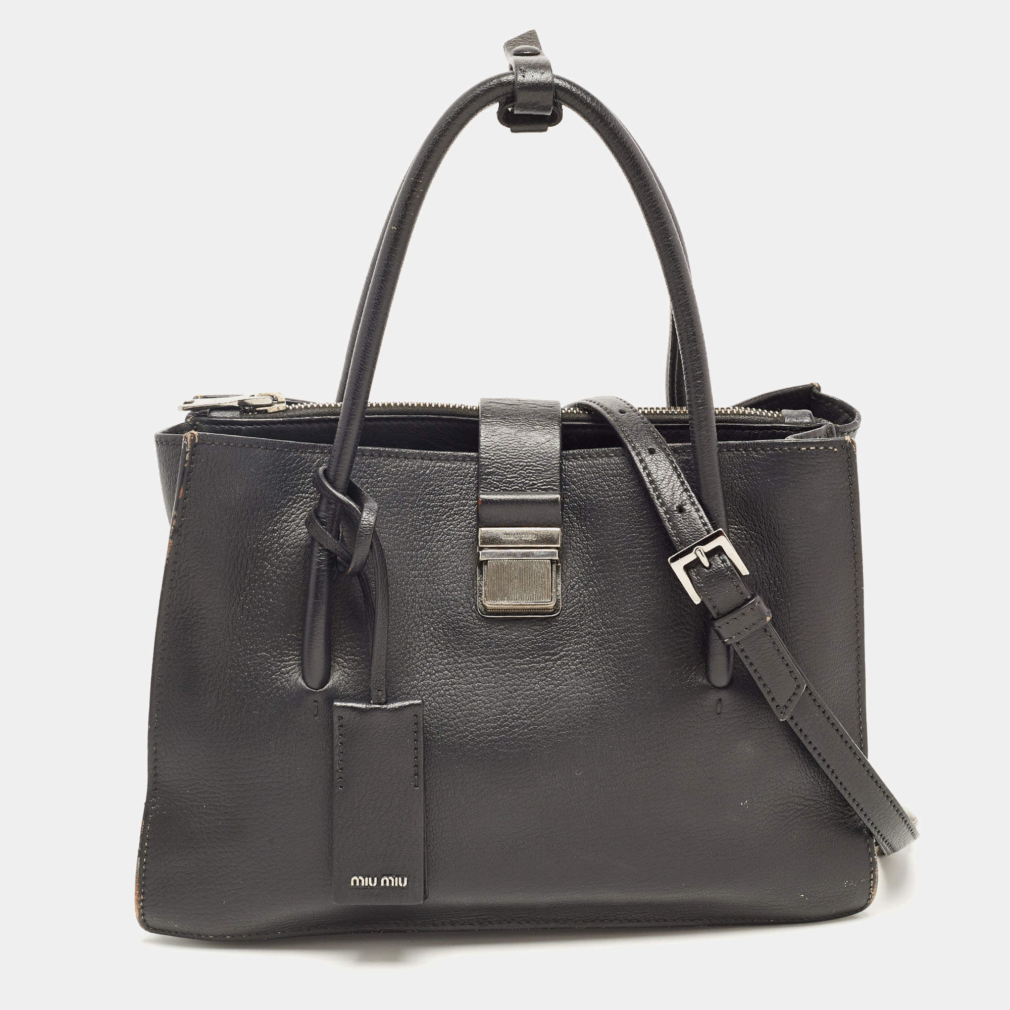 Miu Miu Black Madras Leather Pushlock Tote