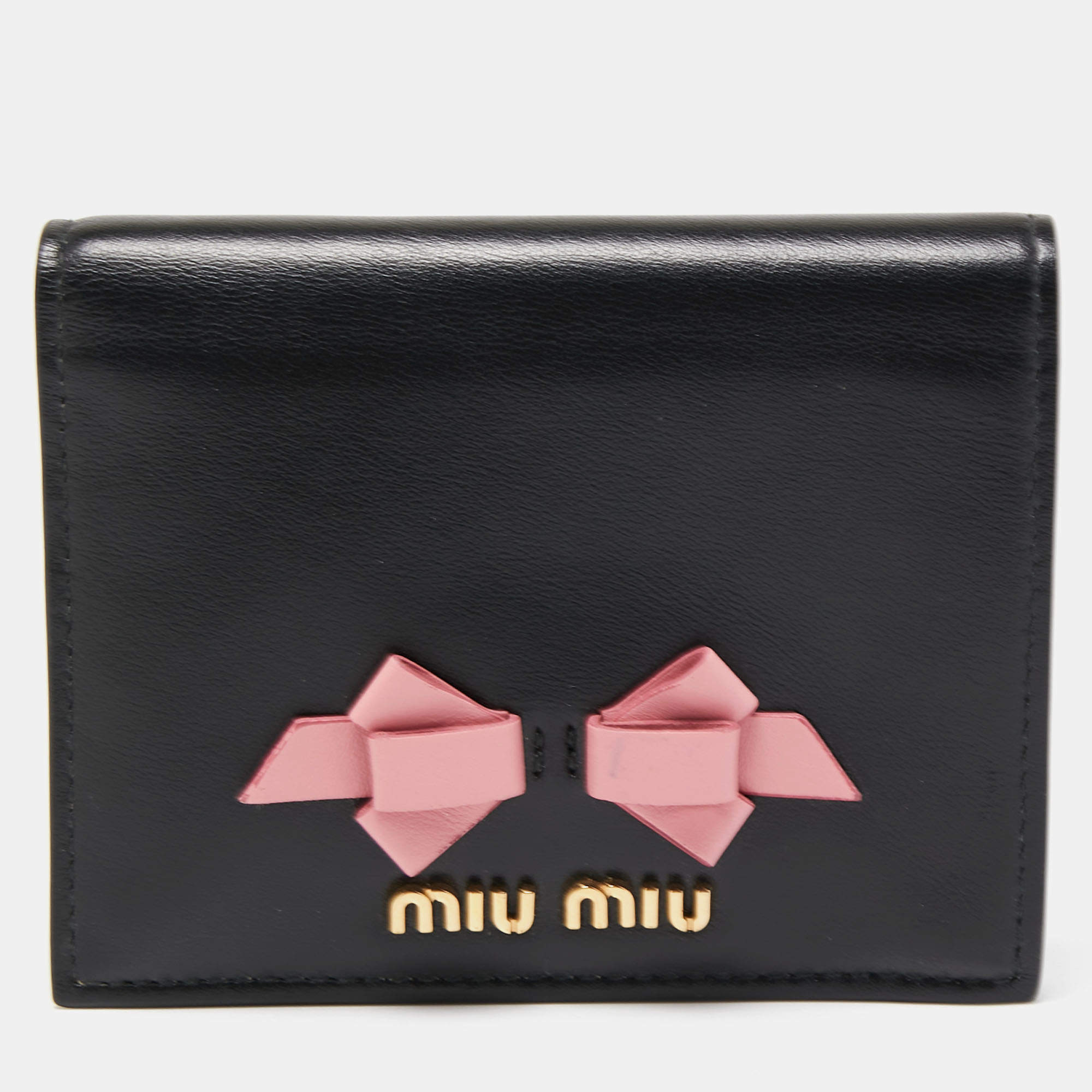 Miu Miu Black/Pink Leather Bow Flap Card Case