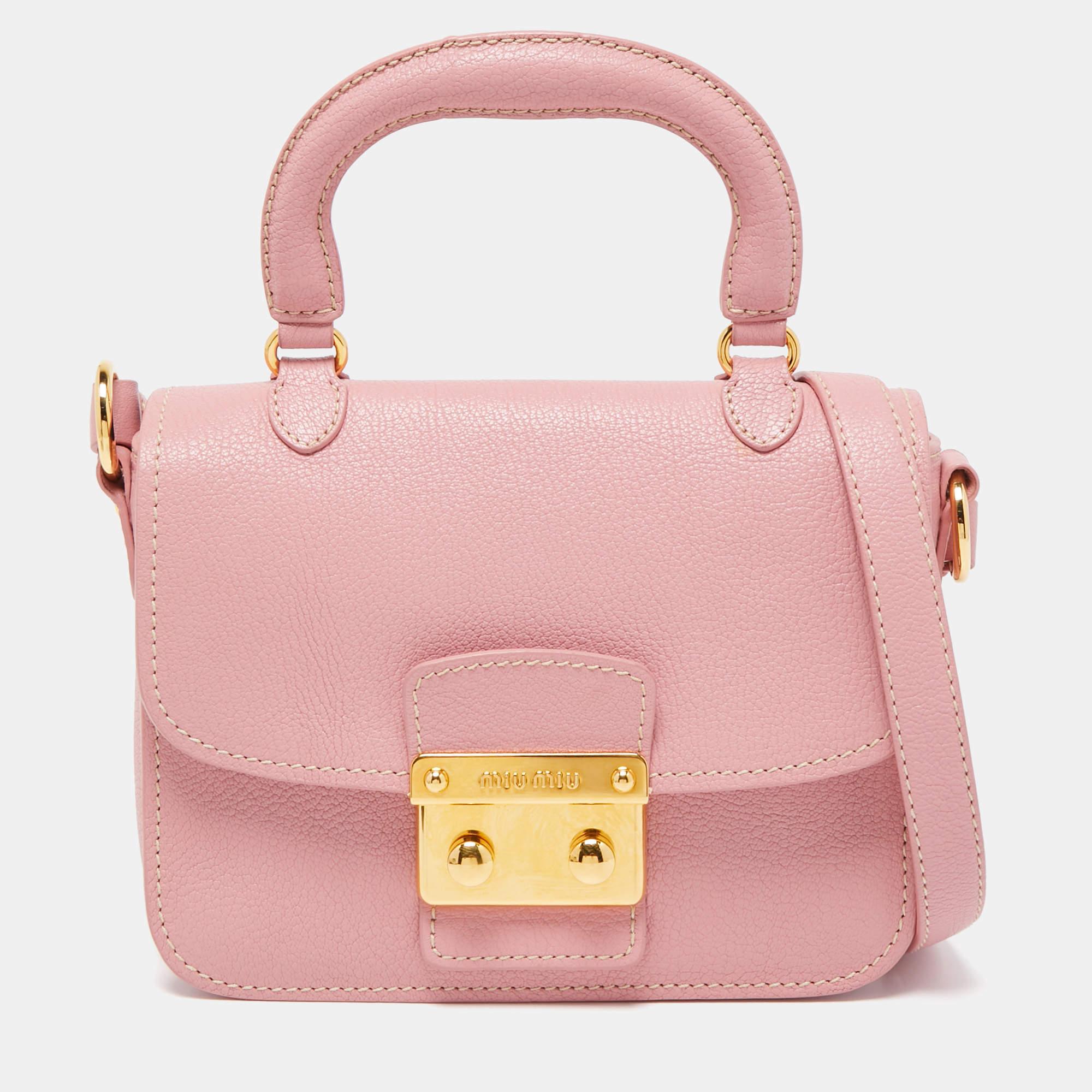Miu Miu Pink Leather Pushlock Flap Top Handle Bag