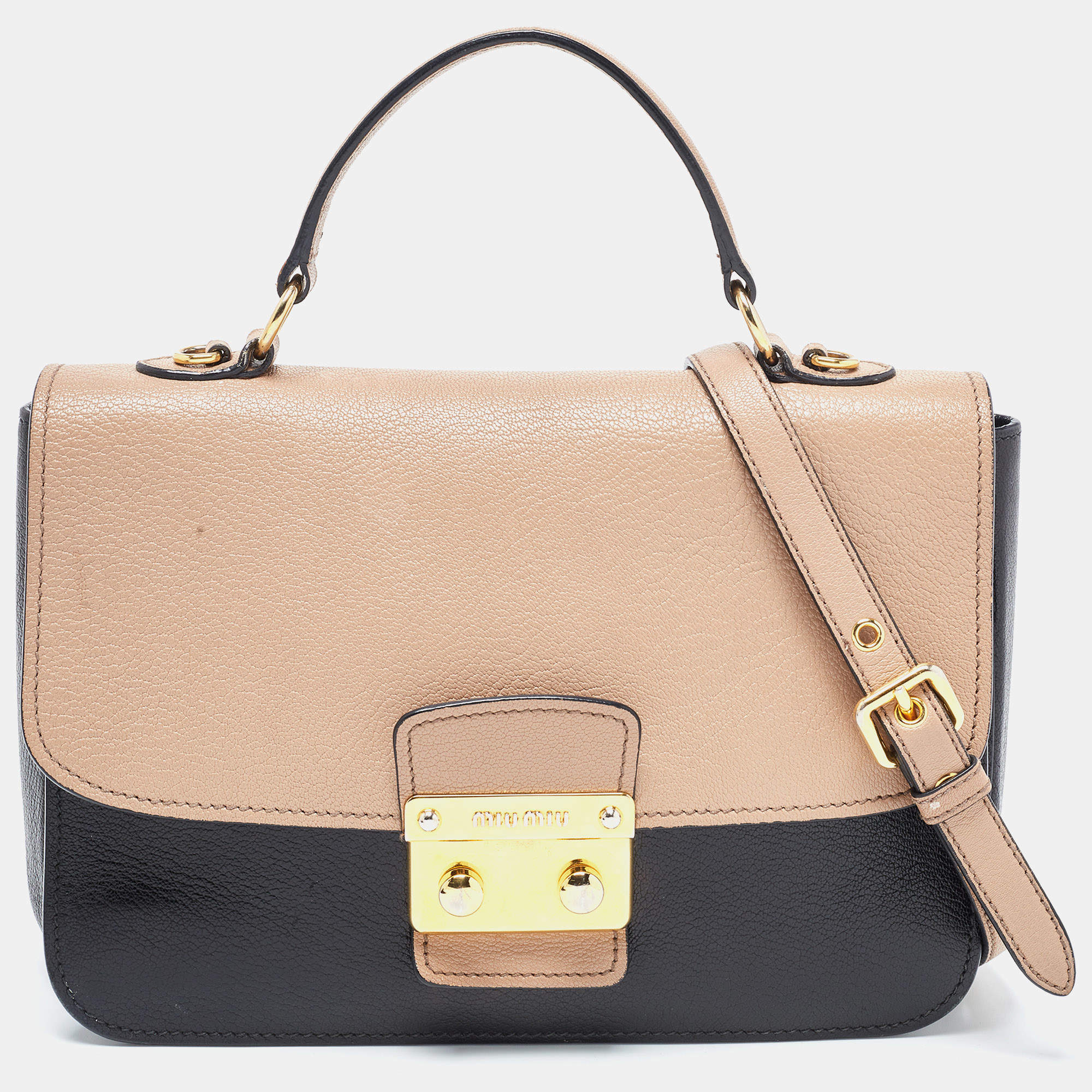 Miu Miu Black/Beige Madras Leather Push Lock Flap Top Handle Bag