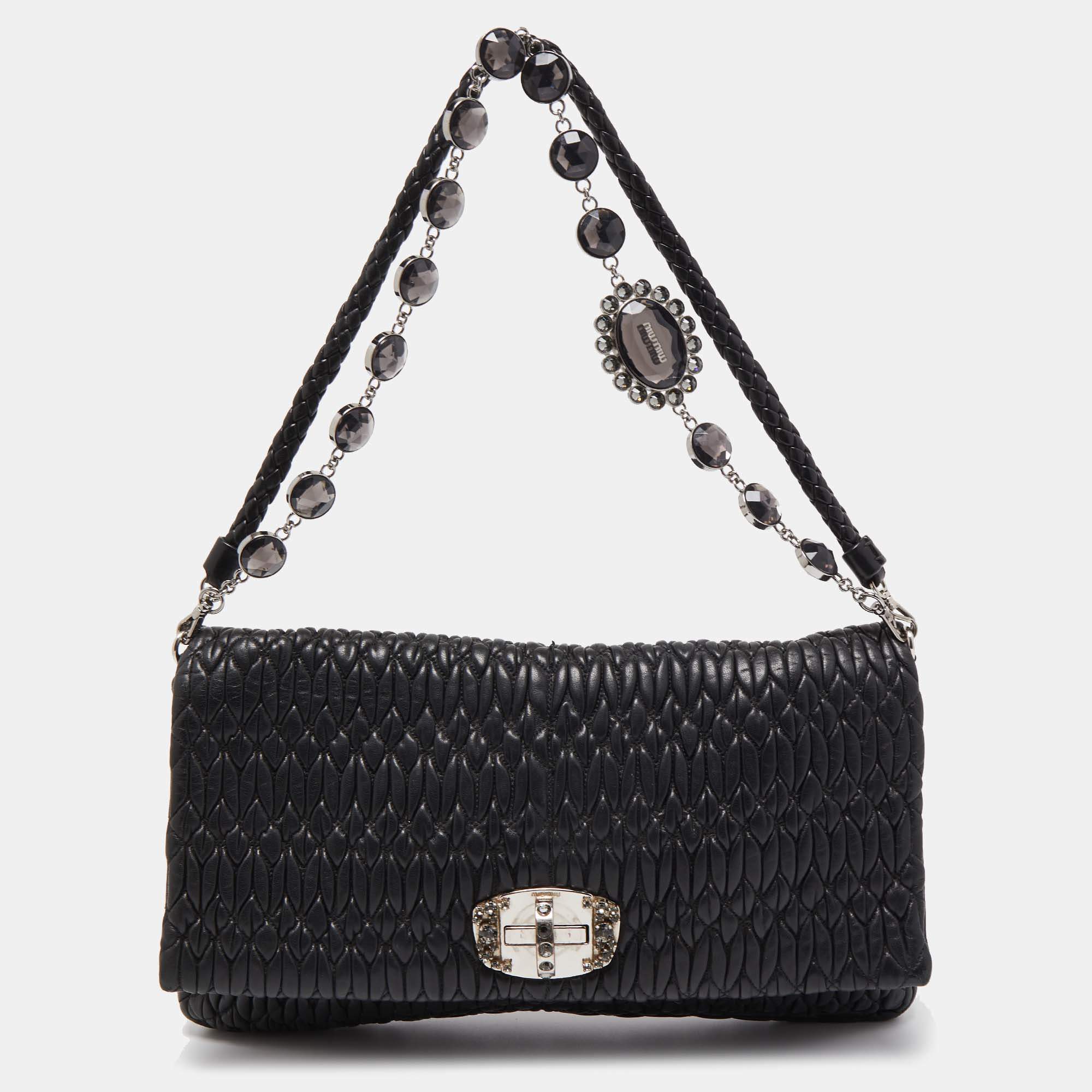 Pre Owned Miu Miu Black Matelasse Leather Crystal Shoulder Bag