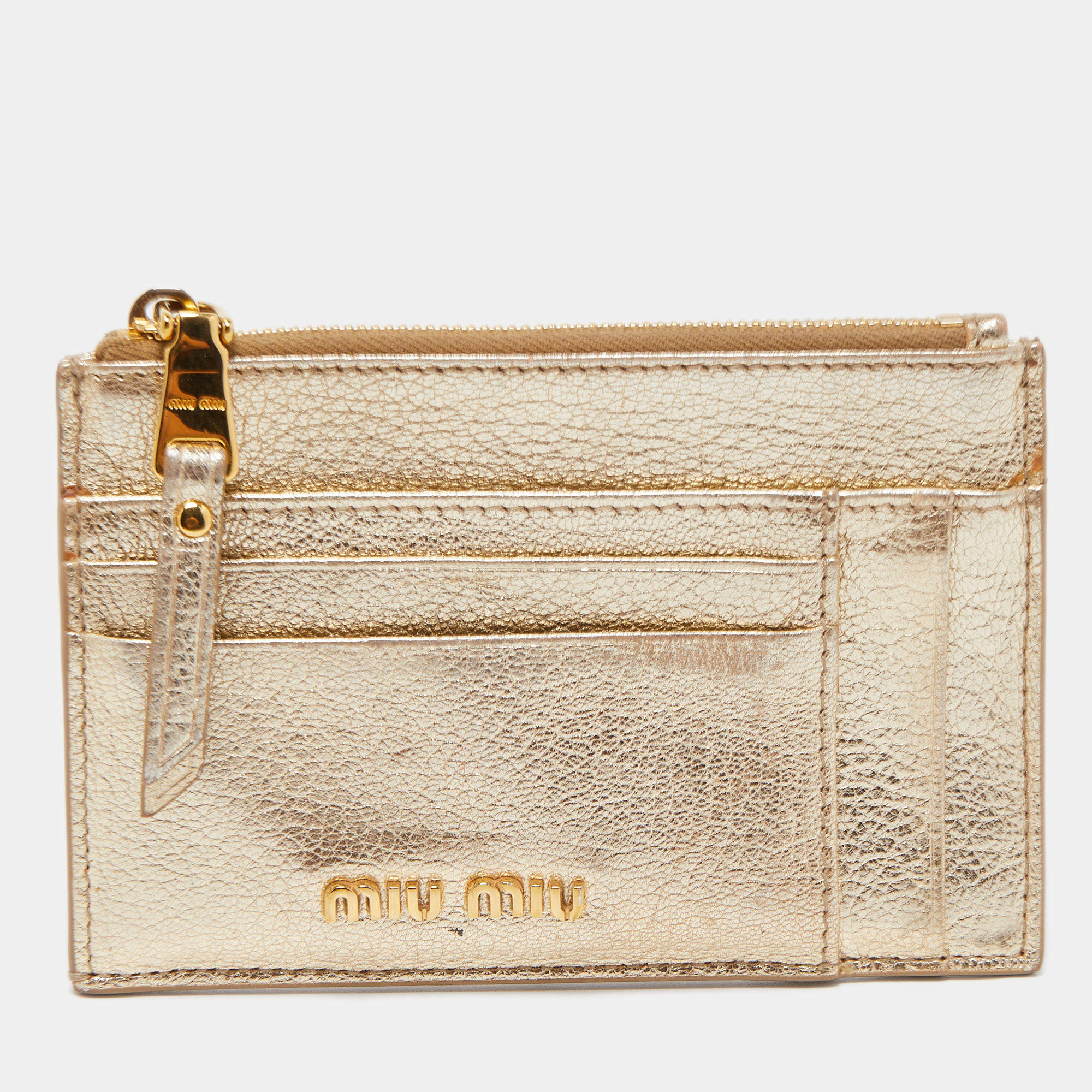 Miu Miu Metallic Gold Leather Madras Zip Card Case