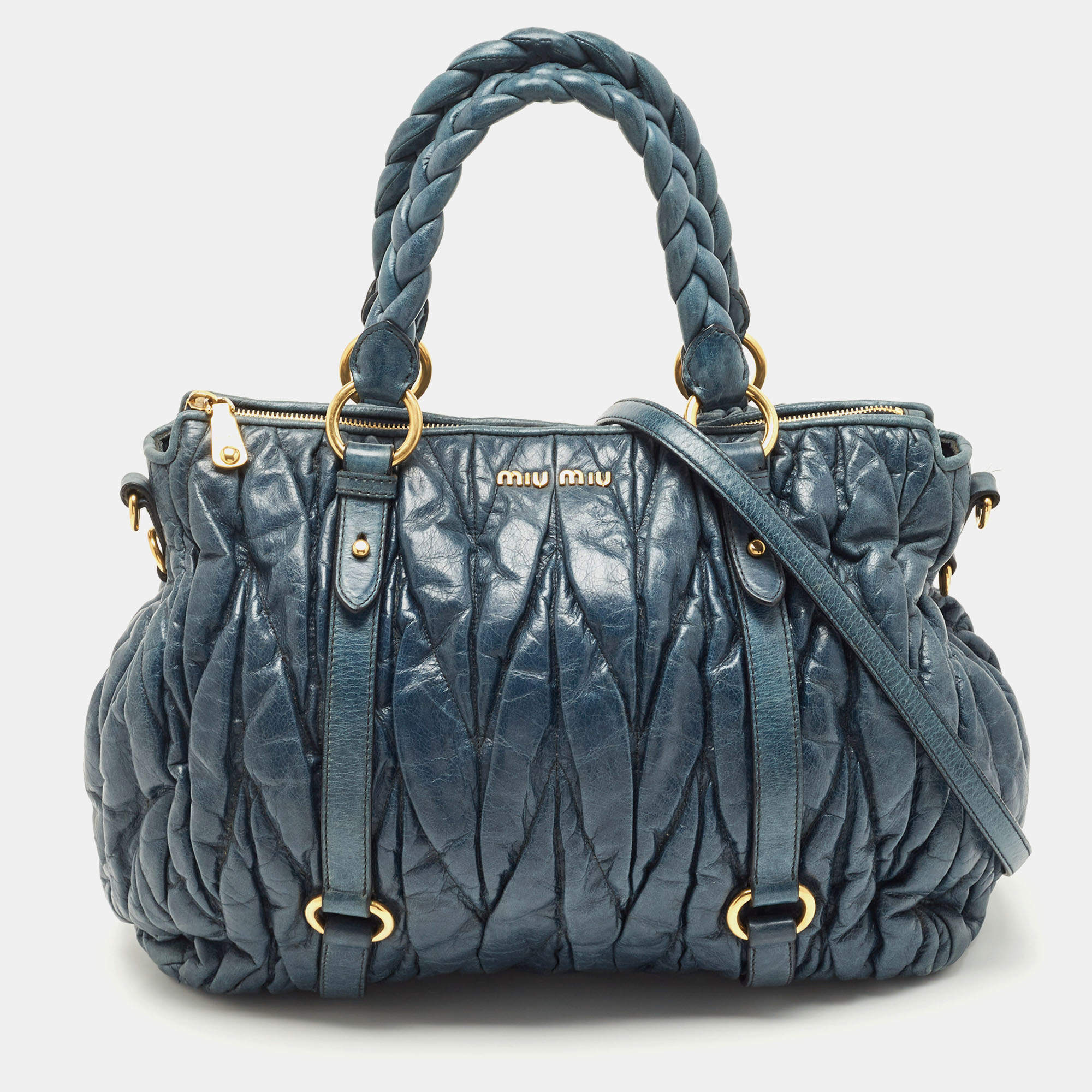 Pre Owned Miu Miu Navy Blue Matelassé Leather Braided Handle Tote