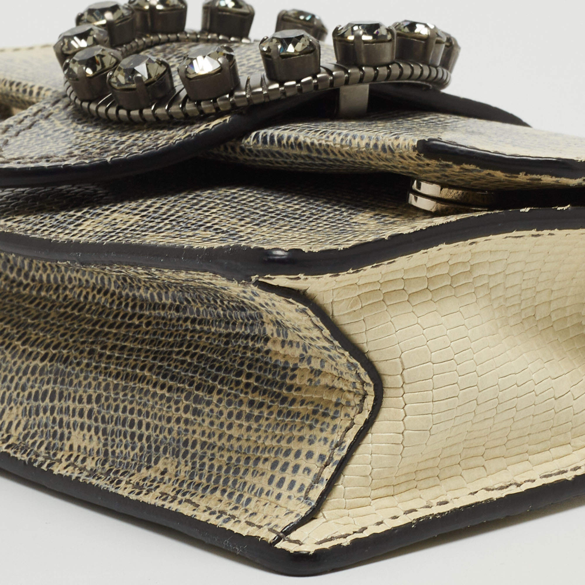Pre Owned Miu Miu Cream/Black Lizard Embossed Leather Crystal Embellished Dahlia Crossbody Bag