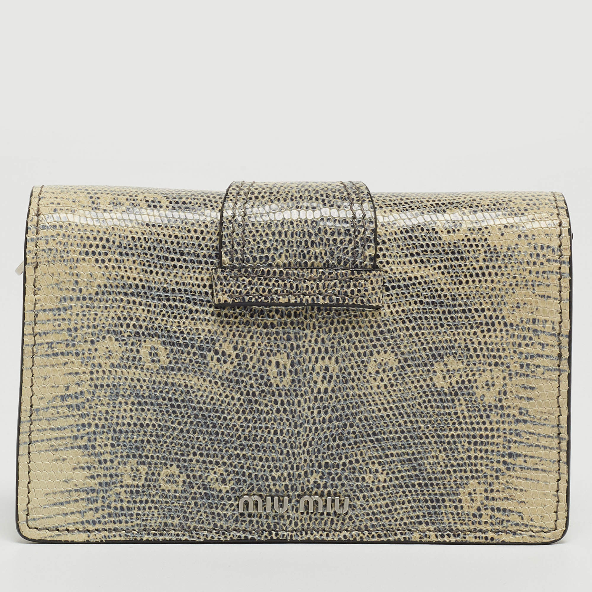 Pre Owned Miu Miu Cream/Black Lizard Embossed Leather Crystal Embellished Dahlia Crossbody Bag