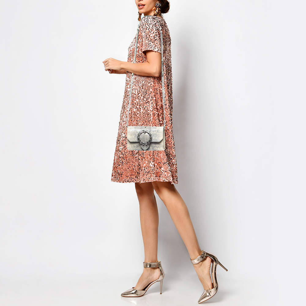 Pre Owned Miu Miu Cream/Black Lizard Embossed Leather Crystal Embellished Dahlia Crossbody Bag