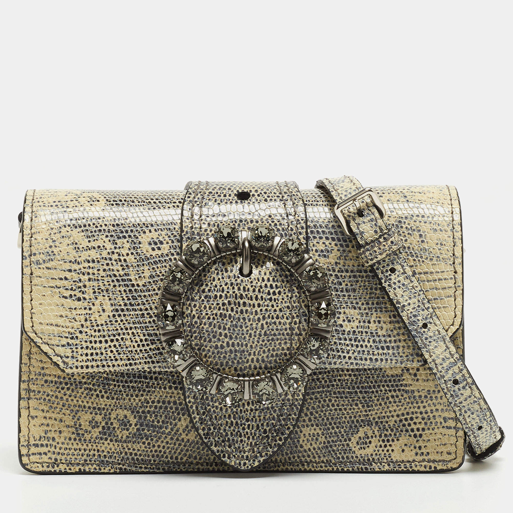 Miu Miu Cream/Black Lizard Embossed Leather Crystal Embellished Dahlia Crossbody Bag