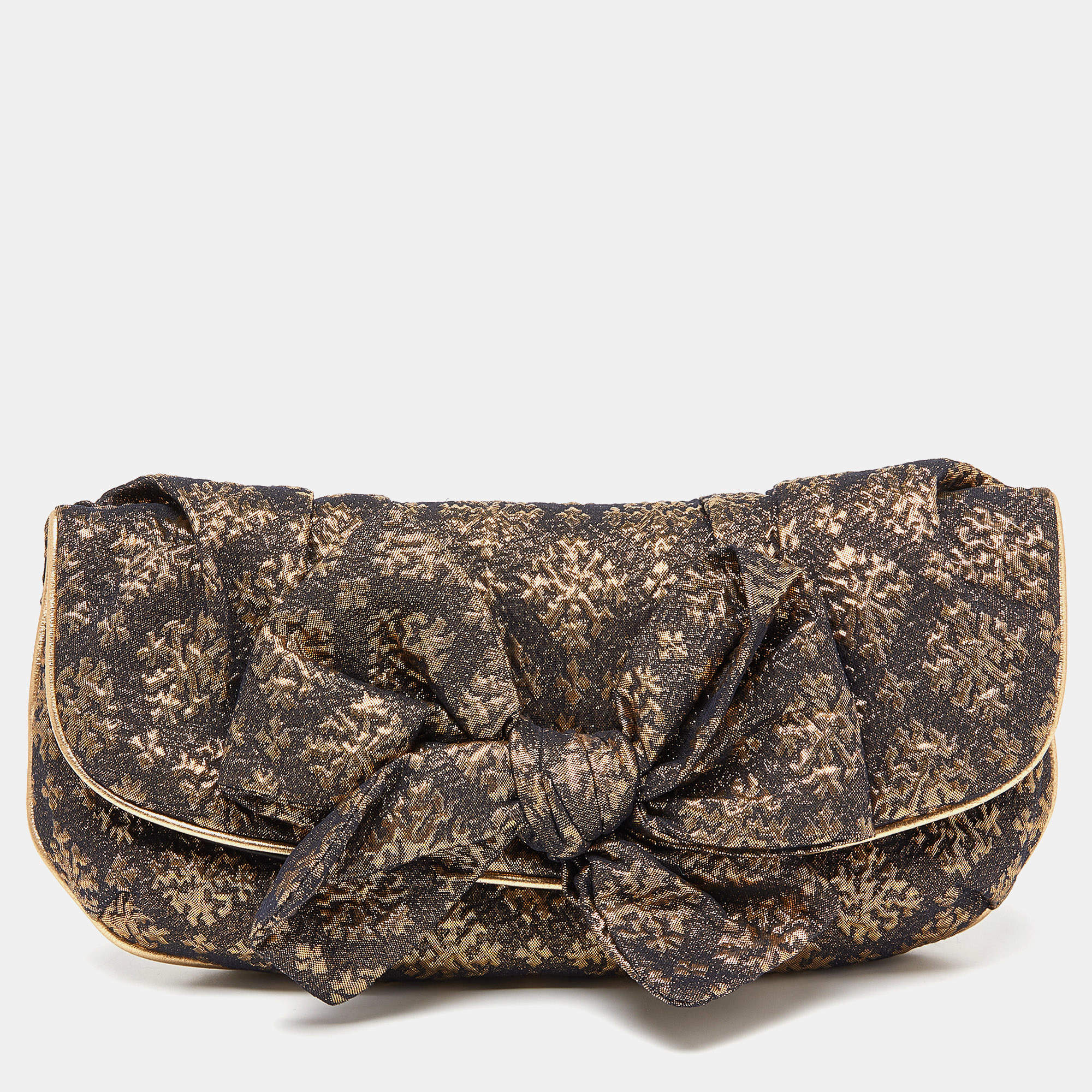 Miu Miu Gold/Black Lurex Fabric and Leather Bow Detail Clutch