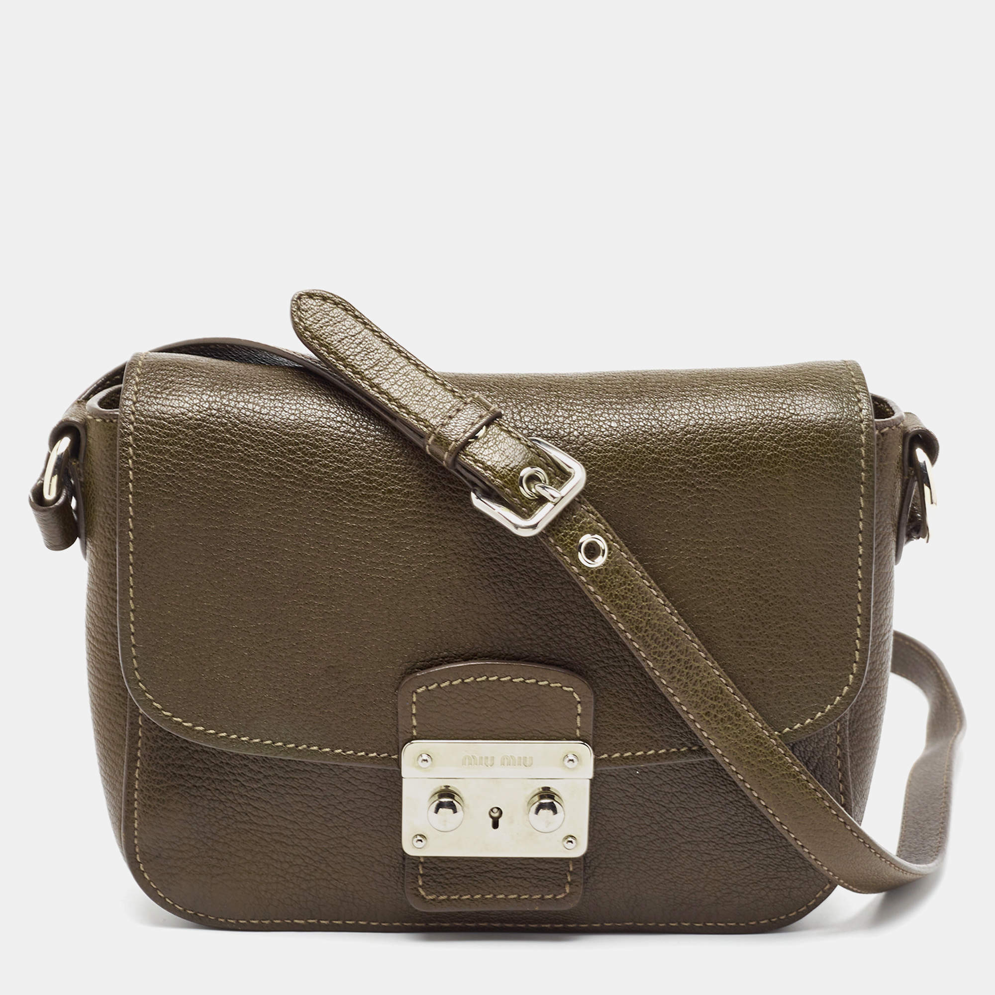 Miu Miu Green Madras Leather Pushlock Flap Crossbody Bag