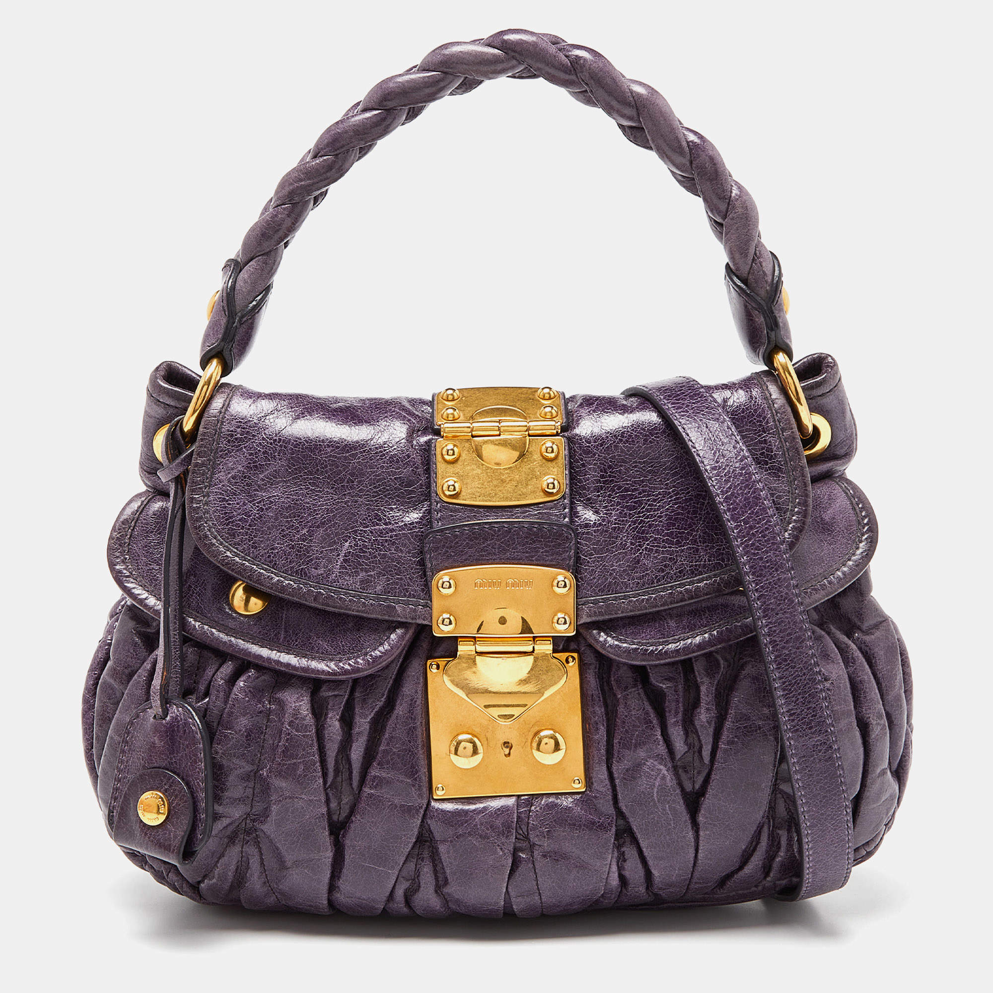 Miu Miu Purple Matelassé Leather Small Coffer Hobo