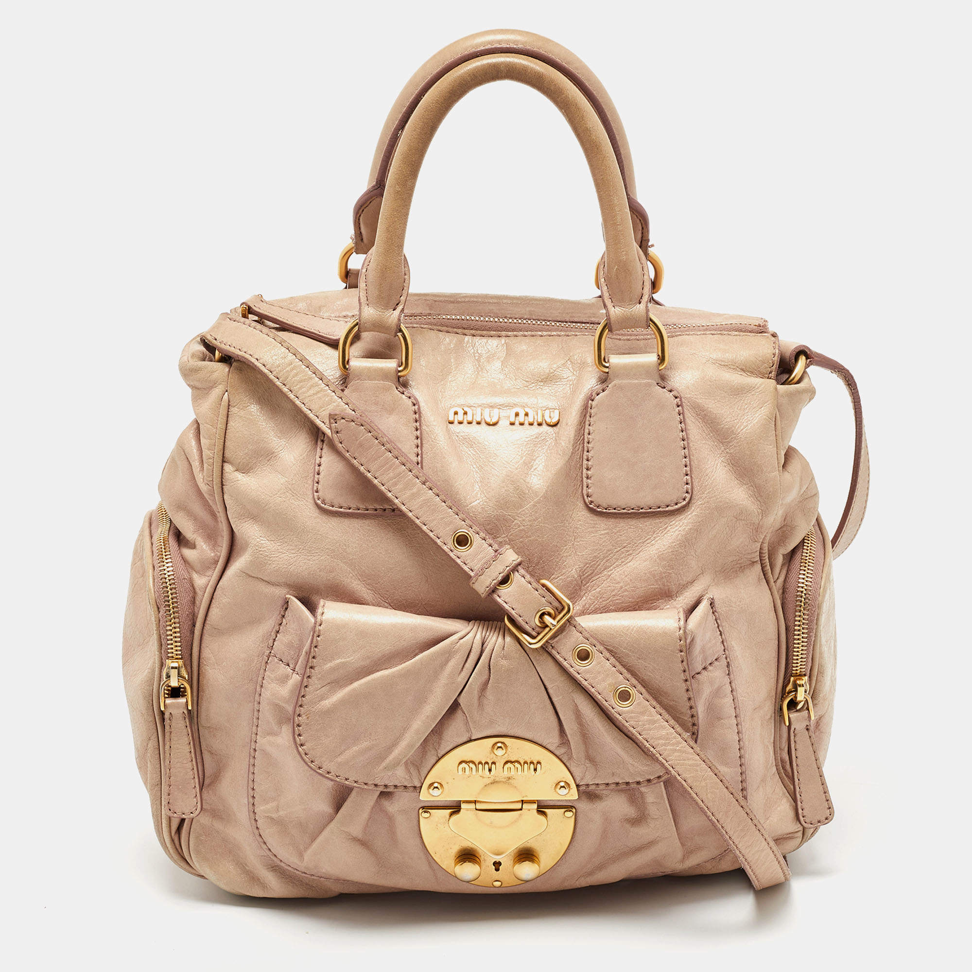 Miu Miu Beige Vitello Luz Leather Multiple Pocket Satchel